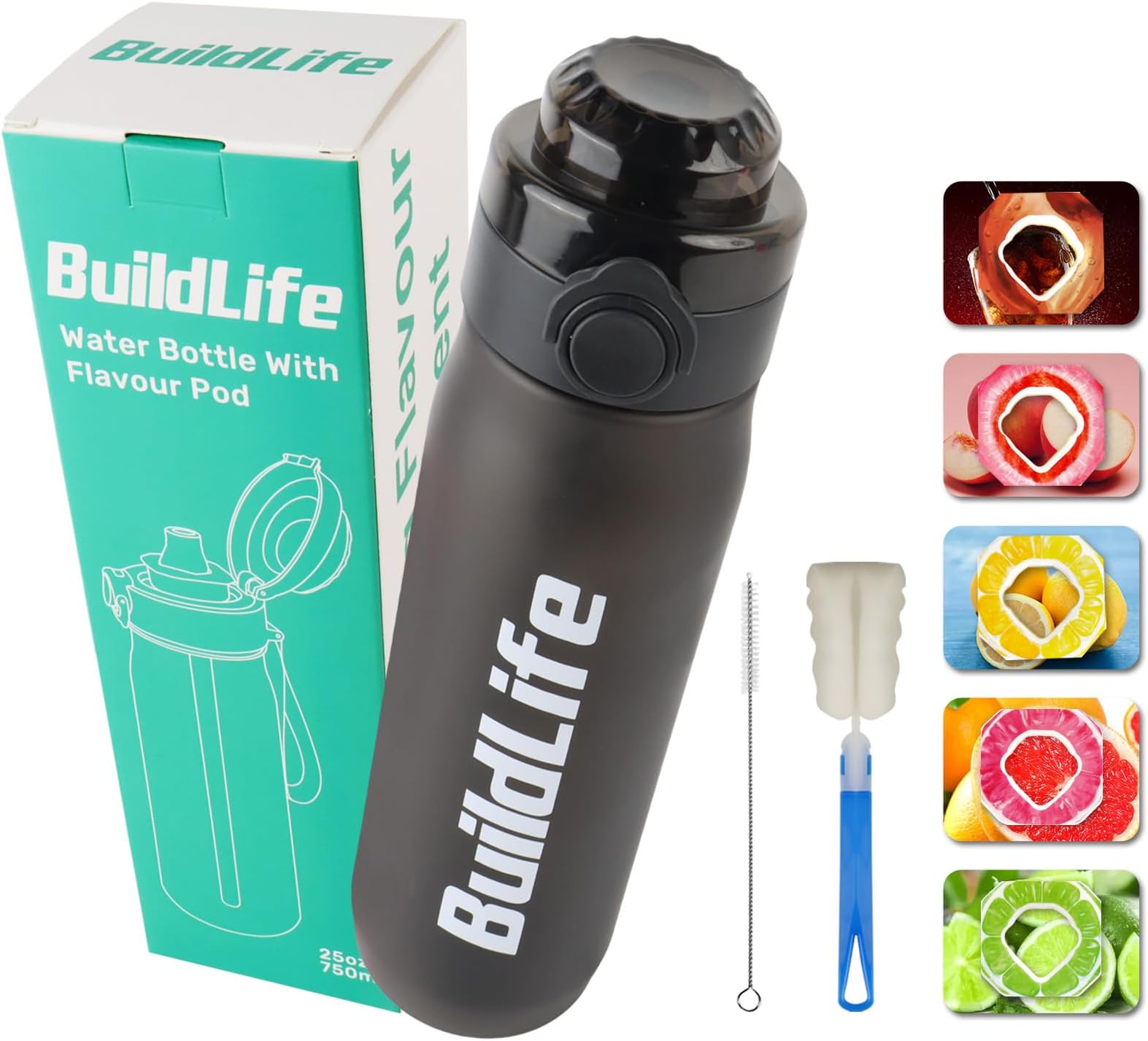 BuildLife Air Water Bottle with 5 Flavor Pods, Flavored Water Bottles with Straw, Scented Water Bottle Leak Proof, Fruit Fragrance Water Bottle BPA Free for Outdoor Sports 25 oz/750ml (Black)
