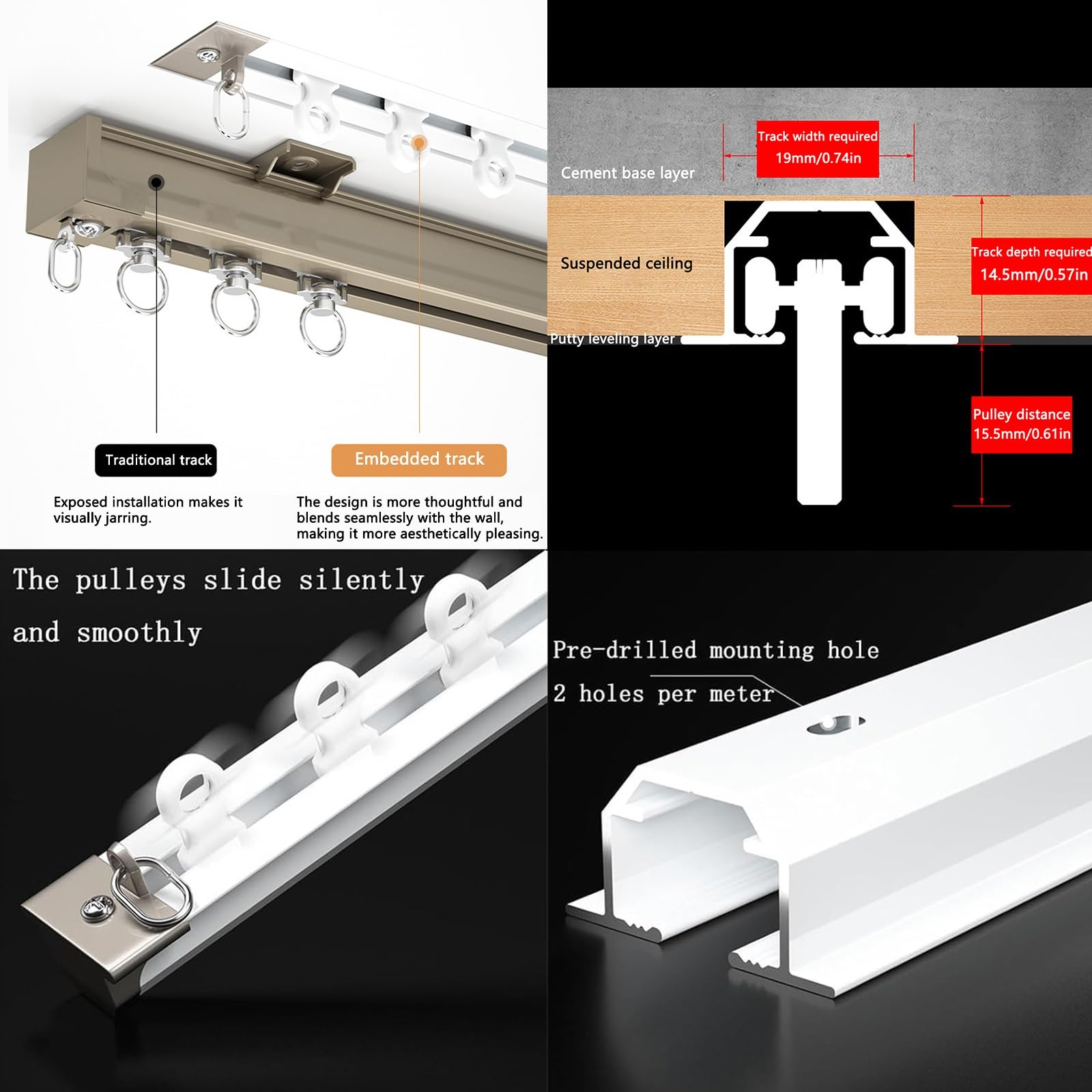 Wbudowany aluminiowy zestaw szyn sufitowych, zestaw szyn sufitowych do domu, wytrzymały i trwały, do domu, biura, szpitala, kampera (260 cm (8,5 cala)