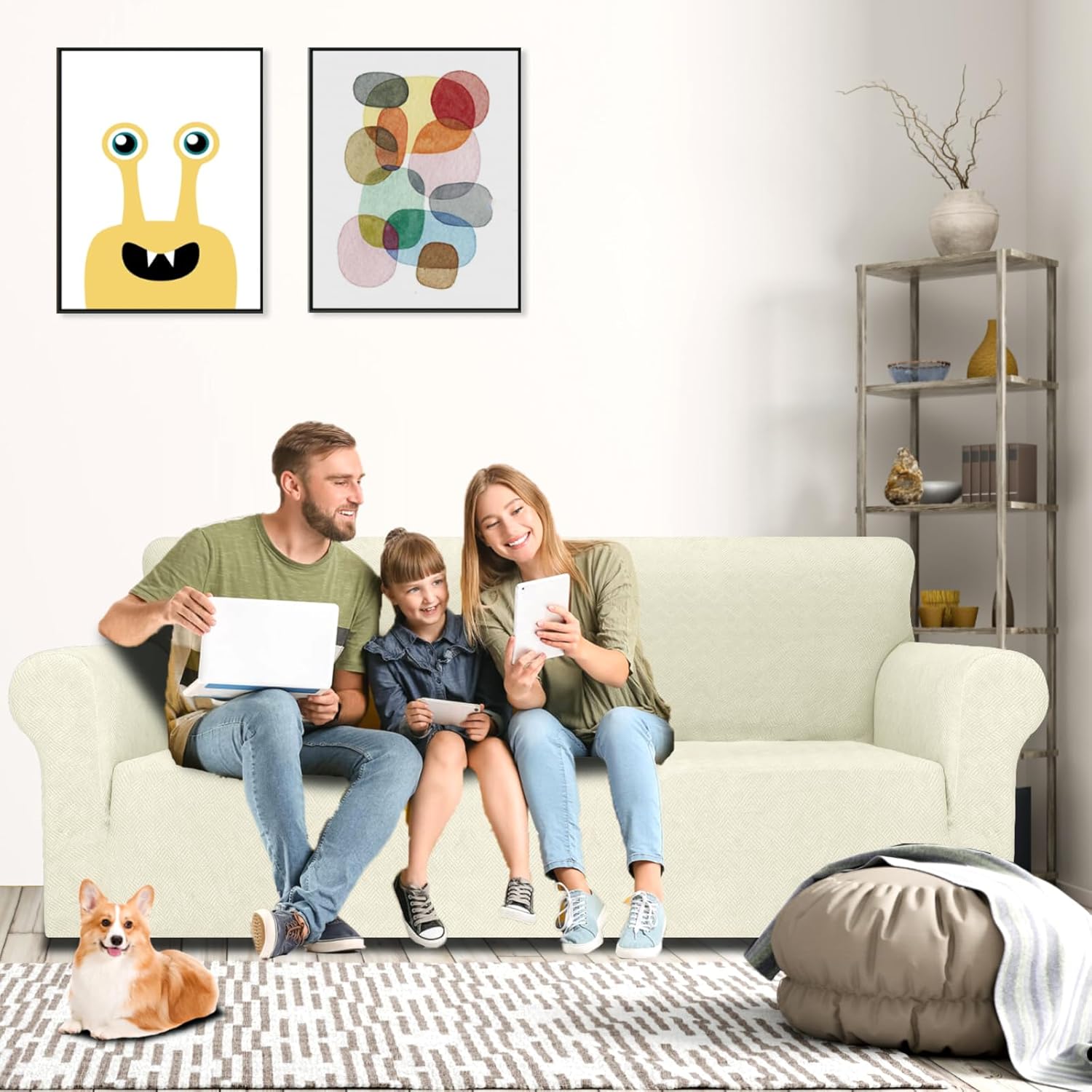 MAXIJIN Stretch Oversized Couch Covers for 3 Cushion Couch (91"-110"), 1-Piece Large Sofa Cover Slipcover Furniture Protector for Kids,Dogs (Extra Large, Diamond Pattern Beige)