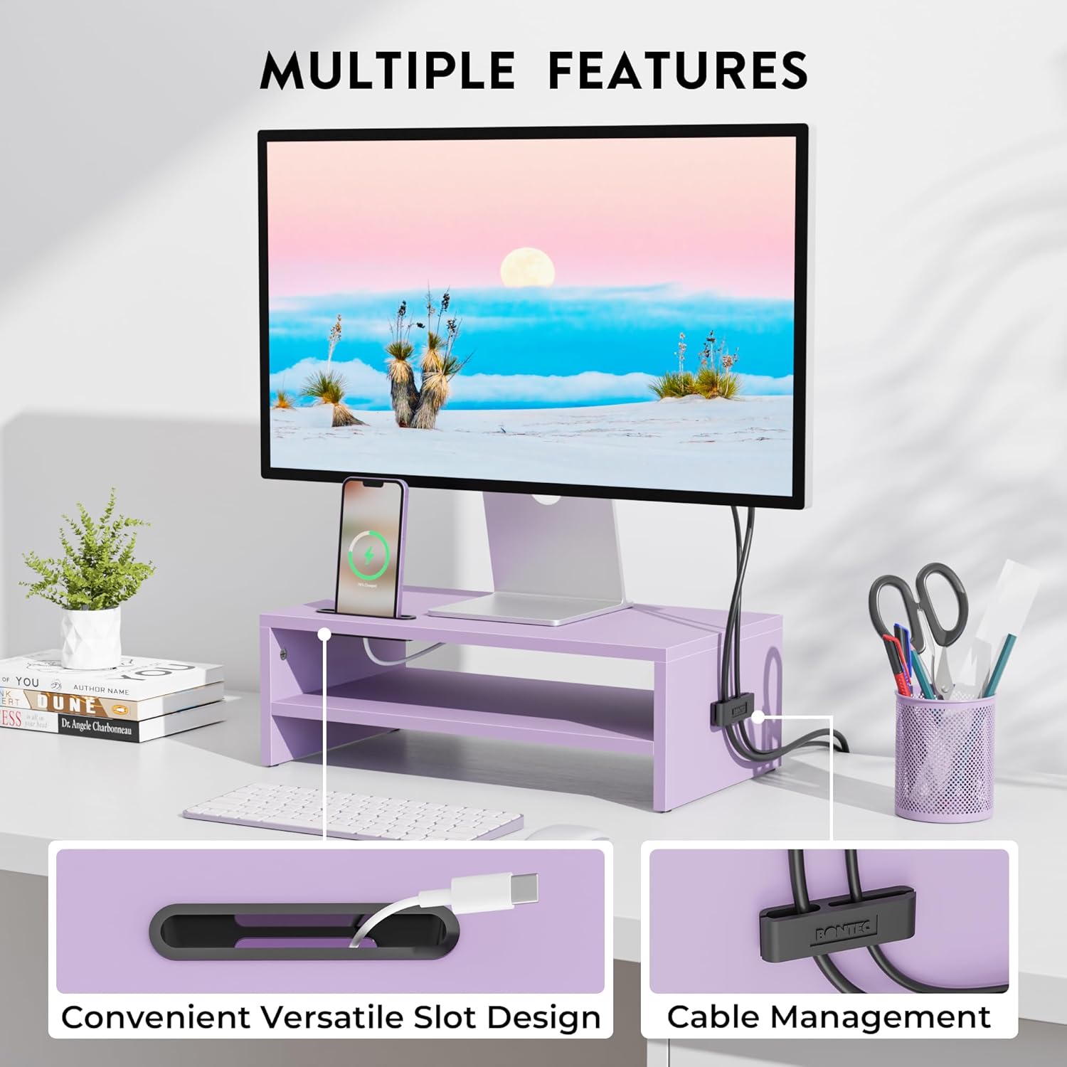 BONTEC Wooden Monitor Stand Riser, 2-Tier Desk Shelf with Storage Organizer, Ergonomic Computer Stand with Cable Management, Cellphone Holder, Purple, 16.5 Inch