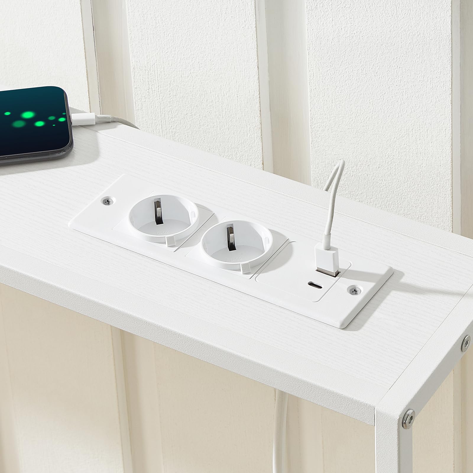 MAHANCRIS Juego de Dos Mesas de Entrada de 100 cm, Aparadores con Enchufe y Puerto USB, Mesitas Auxiliares de Sofá Largas y Estrechas, para Pasillo, Salón, Blanco ACTWT968UE01S2