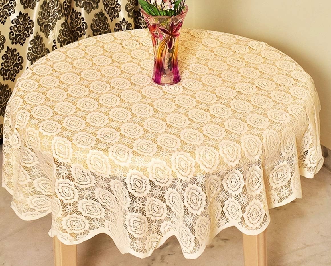Griiham 4 Seater Elegant Floral Embroidered Round Table Cloth Size 60 inches - (Cream)