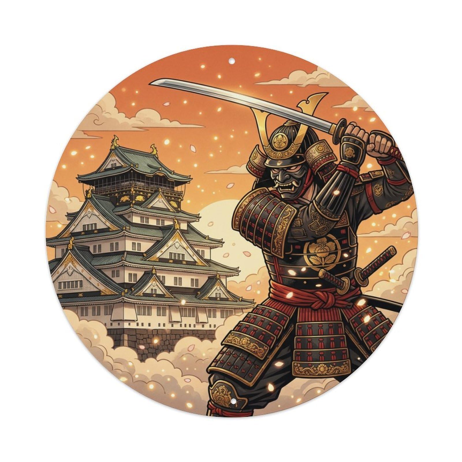 Cwbufd Vintage Style Armored Warrior Castle Sunset Japanese Vintage Metal Vintage Metal Tin Sign Plaque Wall Decor For Cafe, Club Bar, Office, Garden Metal Poster 8X8inch