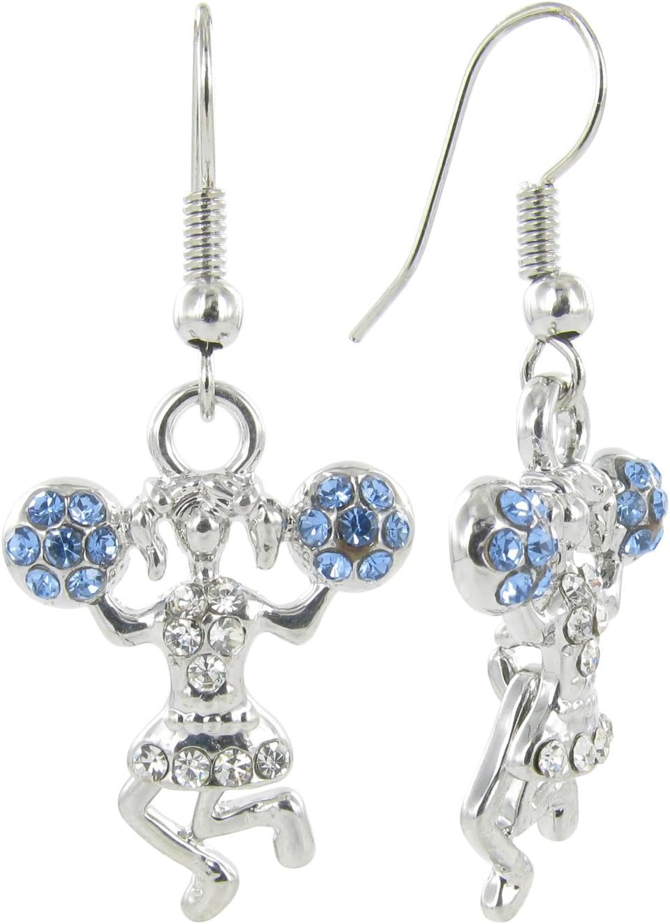 Cheerleader Rhinestone Fish Hook Earrings with Blue and Clear Crystals