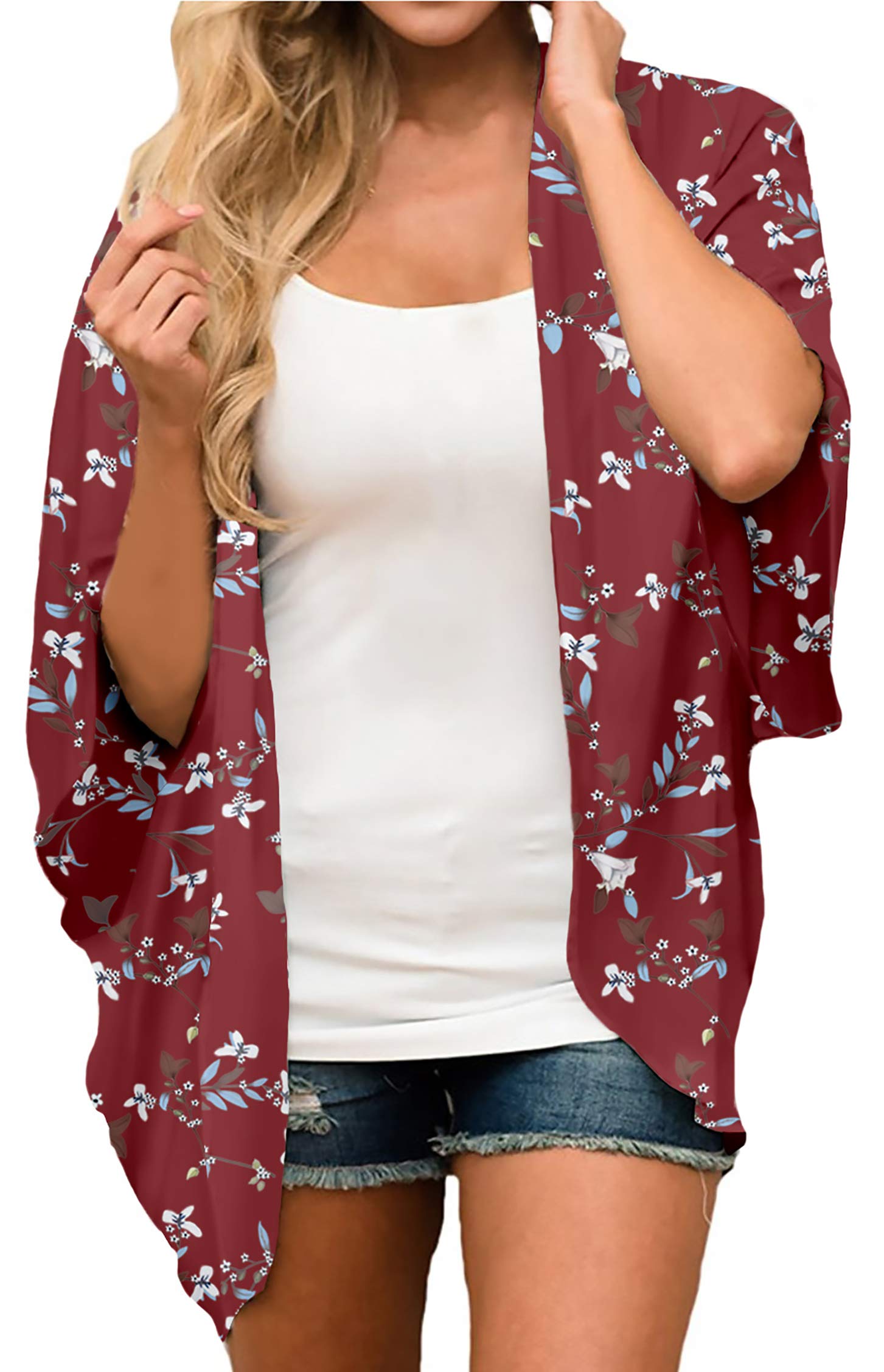 FINOCEANS Womens Floral Chiffon Kimono Cardigans Loose Beach Cover Up Half Sleeve Tops