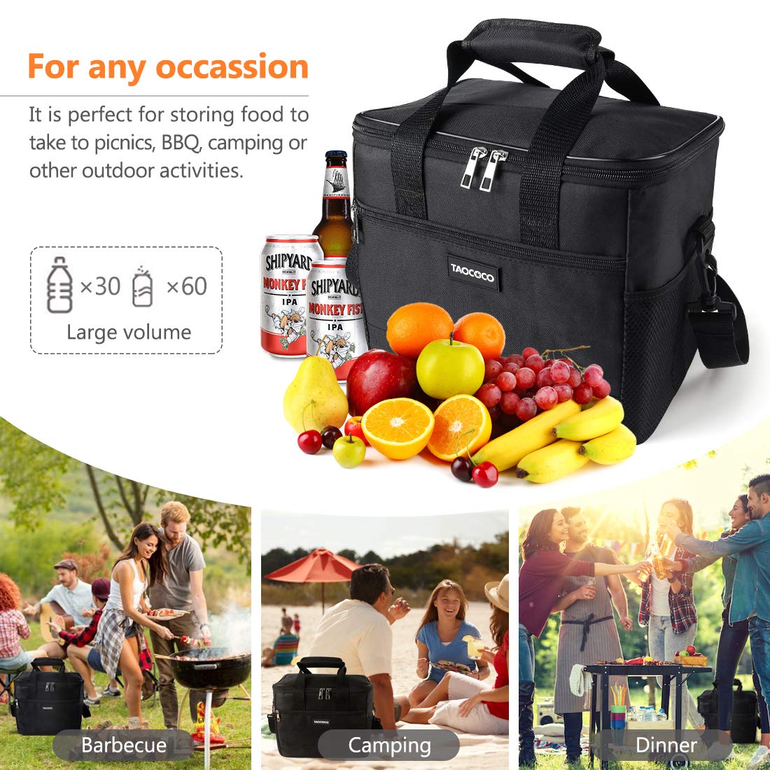 TAOCOCO Bolsa Térmica De 35 L – Nevera Portátil Con Forro De Aluminio Y Aislamiento EPE, Ideal Para Playa, Picnic O Barbacoa (Negro, 42x28x30 Cm)