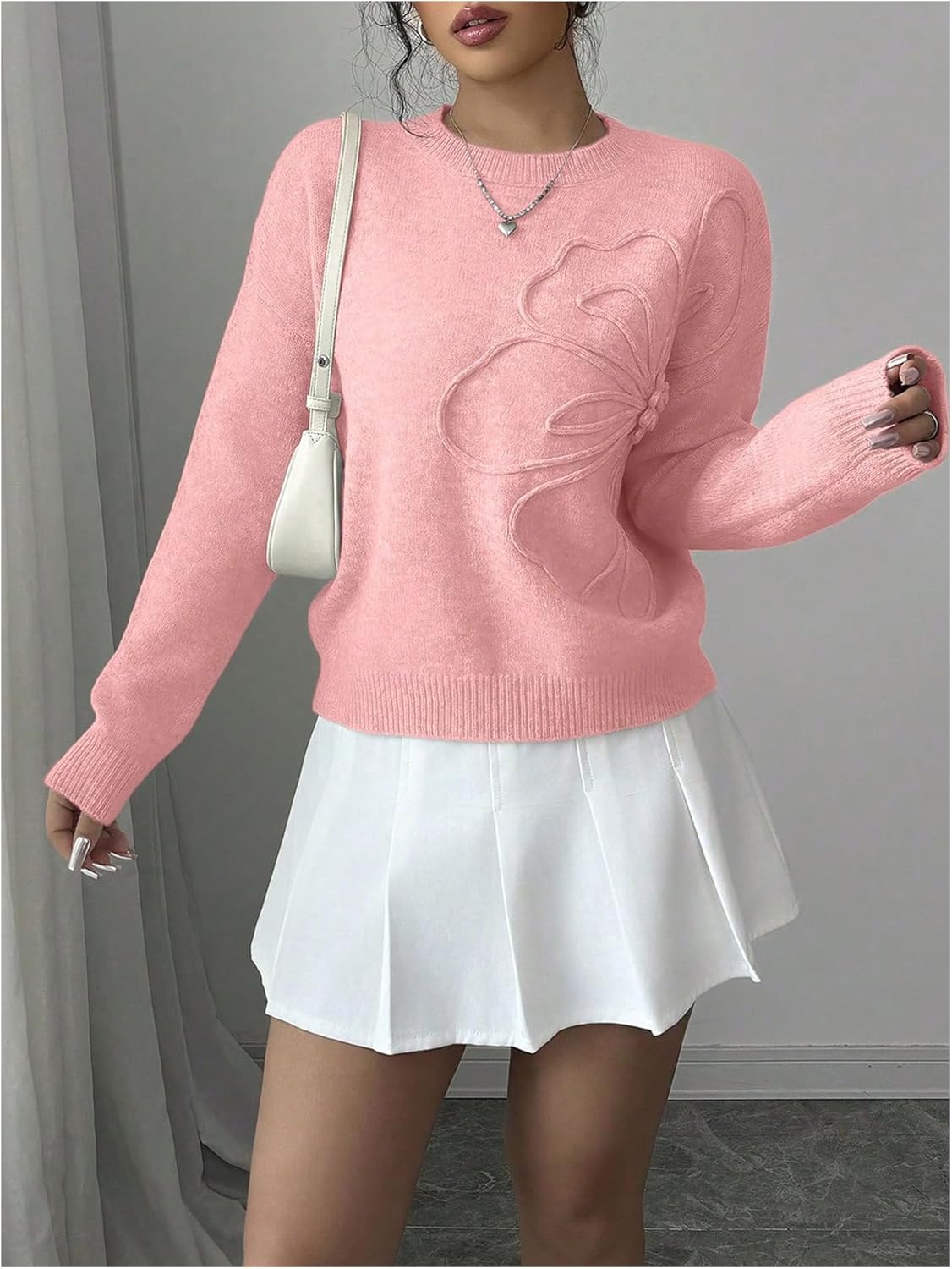 Women's 3D Floral Appliques Crewneck Sweaters Long Sleeve Drop Shoulder Pullovers Elegant Knit Tops - Image 4