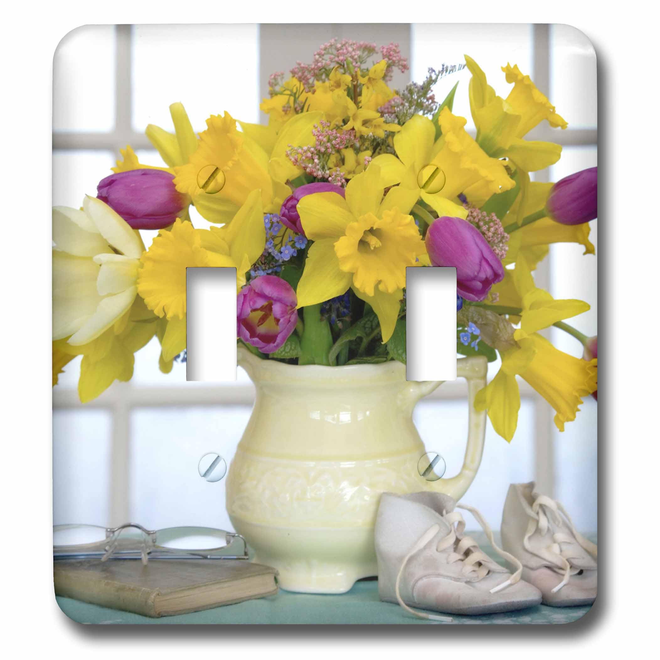 Interrupteur double à bascule bouquet fleurs printanières vase multicolore