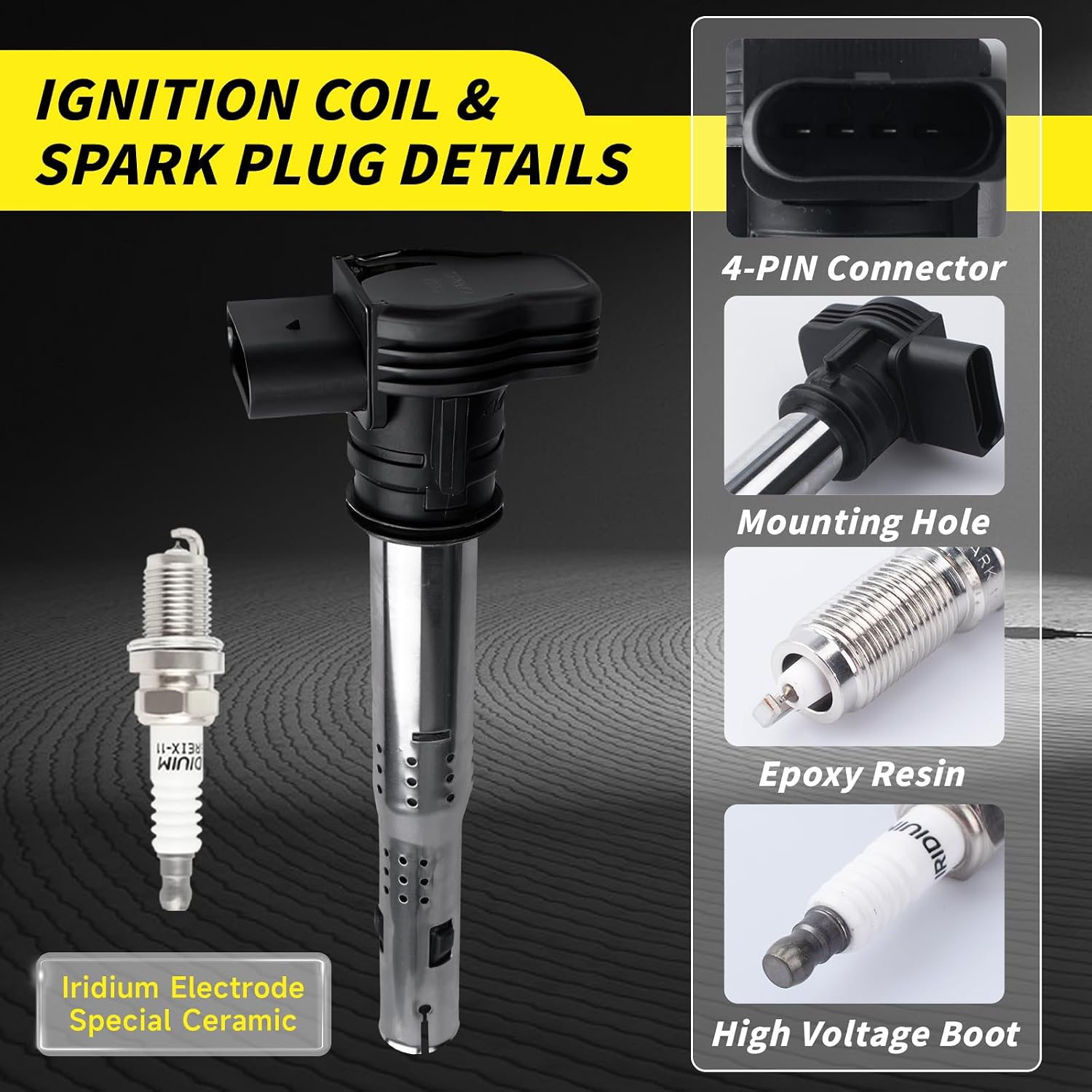 Set of 4 UF575 Ignition Coil & Iridium Spark Plug Compatible with Audi A3 A4 A5 A6 Q5 R8 TT RS4 RS5 Volkswagen Jetta Passat Tiguan Beetle CC Golf GTI 2.0L L4 OEM# C1627 07K905715F E1075