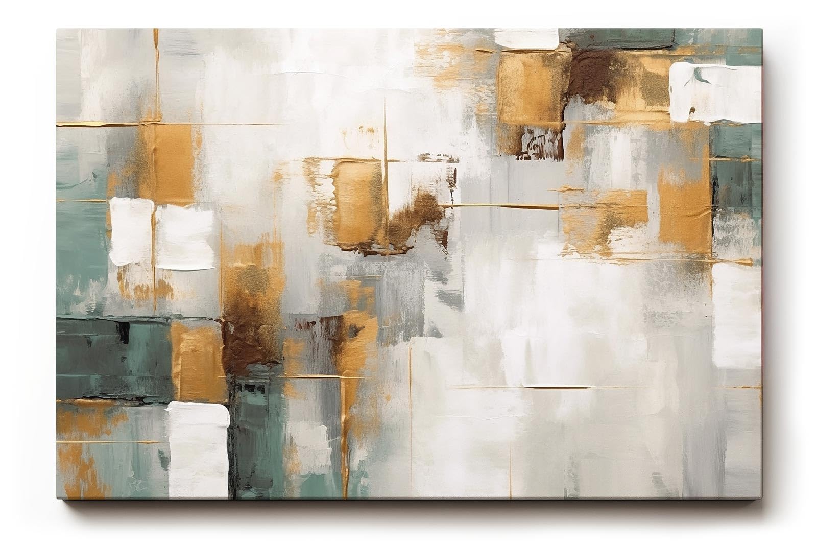 Sinus Art Wandbild 120x80cm Abstraktes Motiv mit geometrischen Flächen in Gold, Grün und Weiß für moderne Raumgestaltung