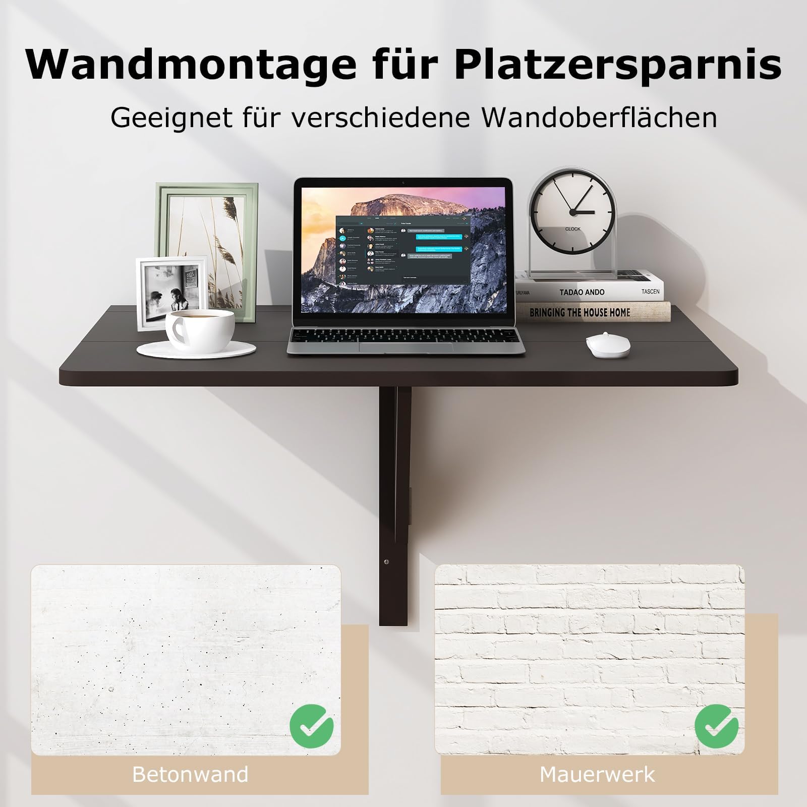 FANTASK klappbarer Wandtisch, Wandmontierter Klapptisch, 80 x 60 cm, platzsparender Küchentisch Wandklapptisch für Küche, Esszimmer & Arbeitszimmer (Braun)