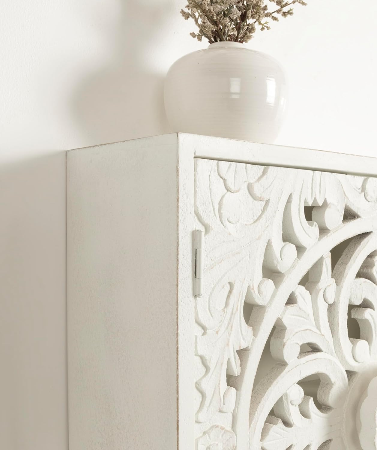 Kate and Laurel Saanvi Traditional Carved Wood Wall Cabinet; 20 x 6 x 20; White; Dimensional Over The Toilet Storage Cabinet for Bathroom Storage and Display