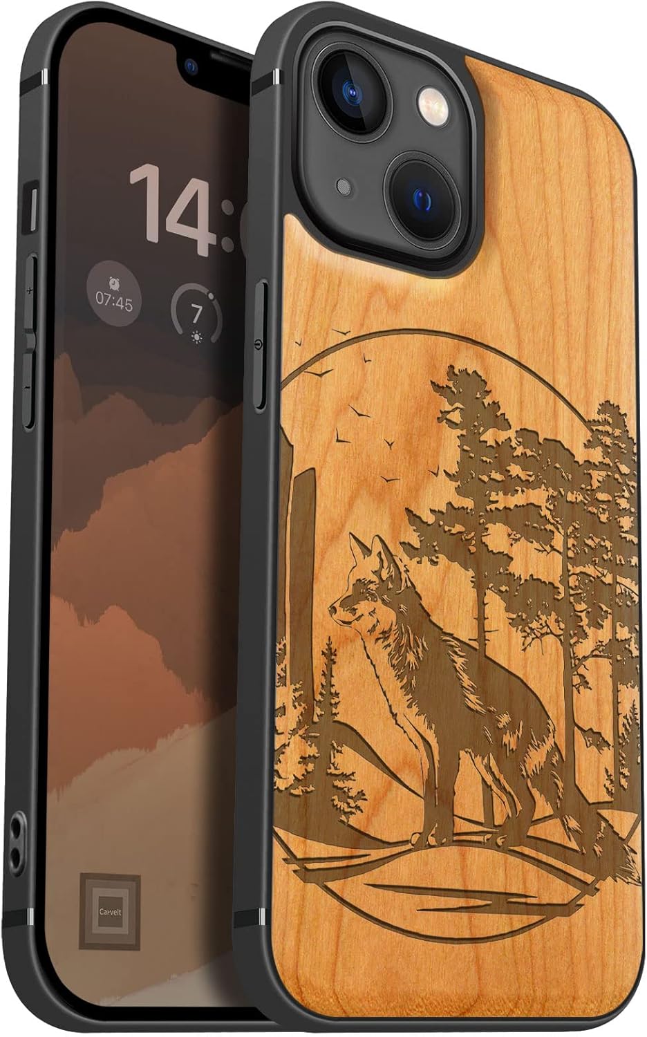 Carveit Magnetic Wood Case for iPhone 13 Case [Natural Wood & Black Soft TPU] Unique & Classy Wooden Shockproof Protective Cover Compatible with magsafe (Fox and Woods -Cherry)