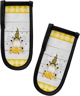 Hot Handle Holders Cover, 2 Pack Cute Bee Gnome Honey Flower on Rustic Wooden Grain Heat Resistant Cast Iron Skillet Removable Pan Handle Covers for Kitchen Pots and Pans, Stovetop, Burner