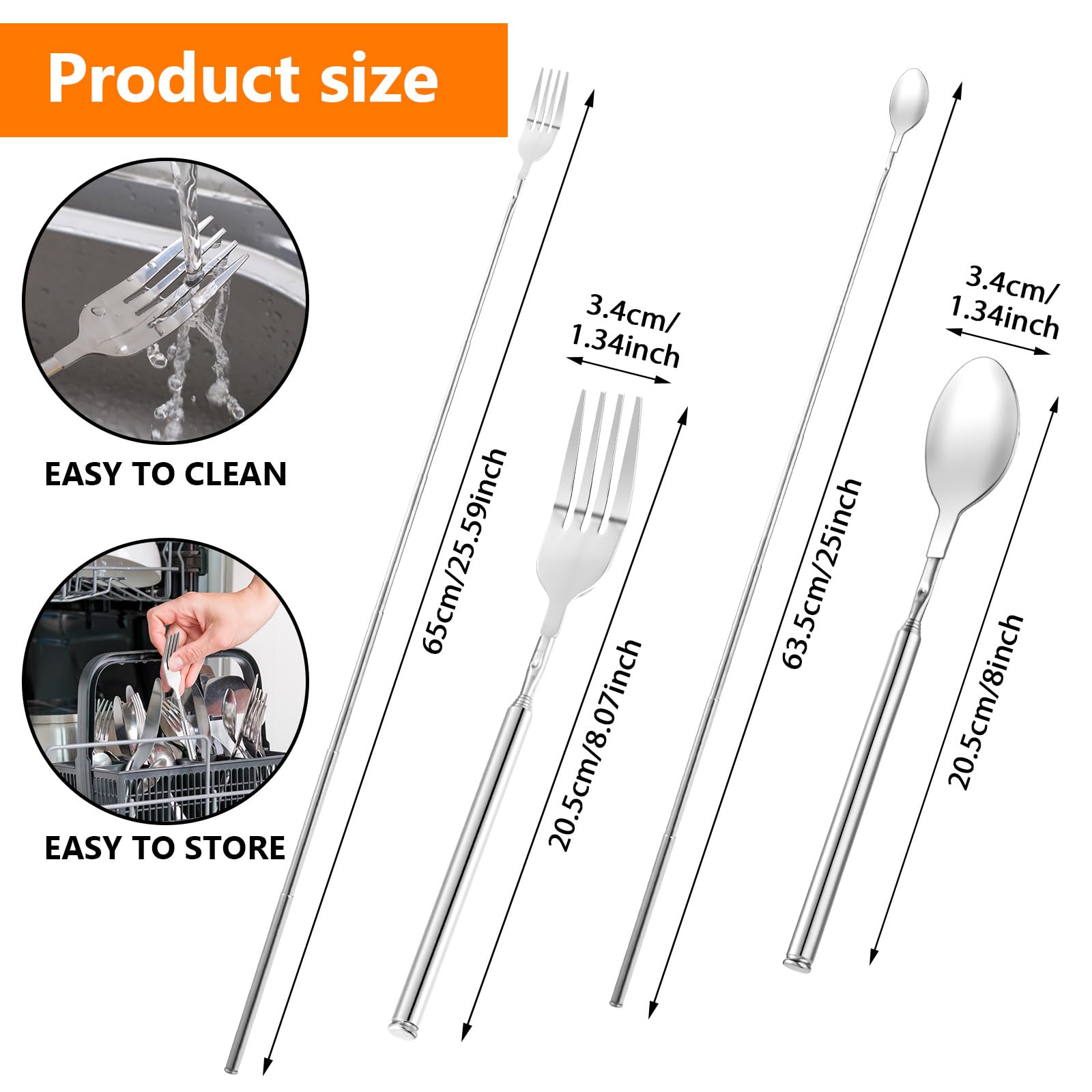 Ouligay Forchetta e Cucchiaio Telescopico in Acciaio Inox per Barbecue, 20-64 cm, Allungabile e Retrattile