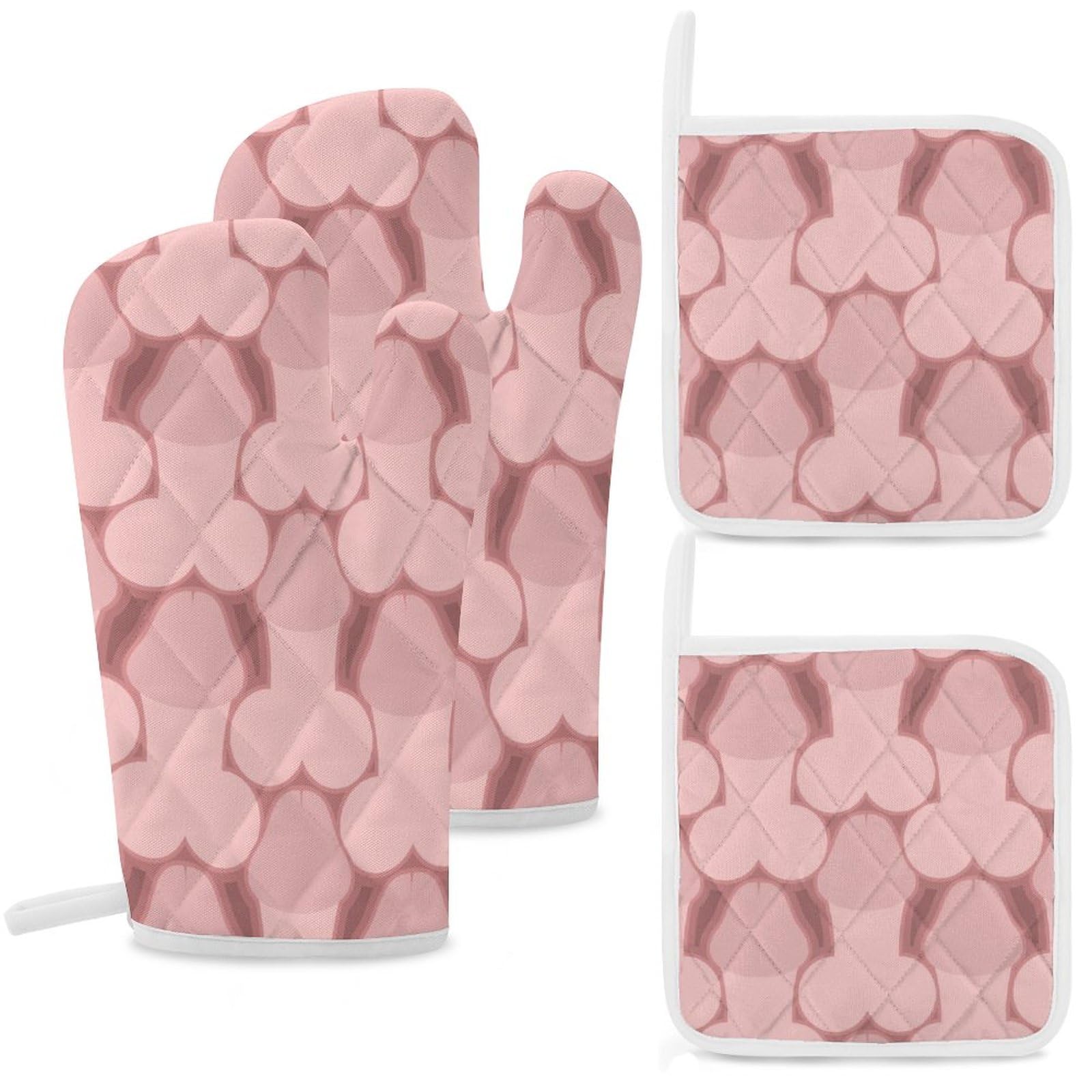 Penis Pattern Oven Mitts and Pot Holders Sets of 4 Heat Resistant Kitchen Potholder Gloves for Cooking Baking