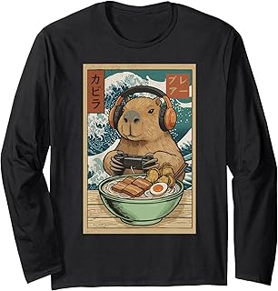 おもしろラーメン ゲーミング カピバラ レトロ 日本人 かわいい ゲーマー キャッピー 長袖Tシャツ
