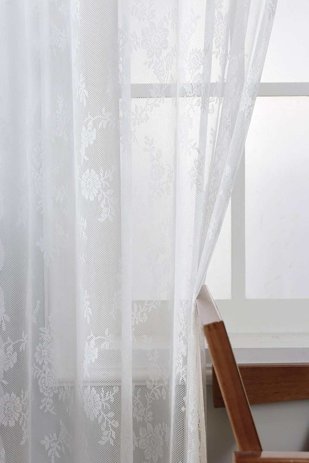 Daesar Sheer Voile Curtains 2 Panels Set 63 Inch Length, Eyelet Transparent Curtains Flowers and Leaves Pattern Window Voile Panels/Drapes/Treatment for Bedroom Living Room, 40x63 Inch White