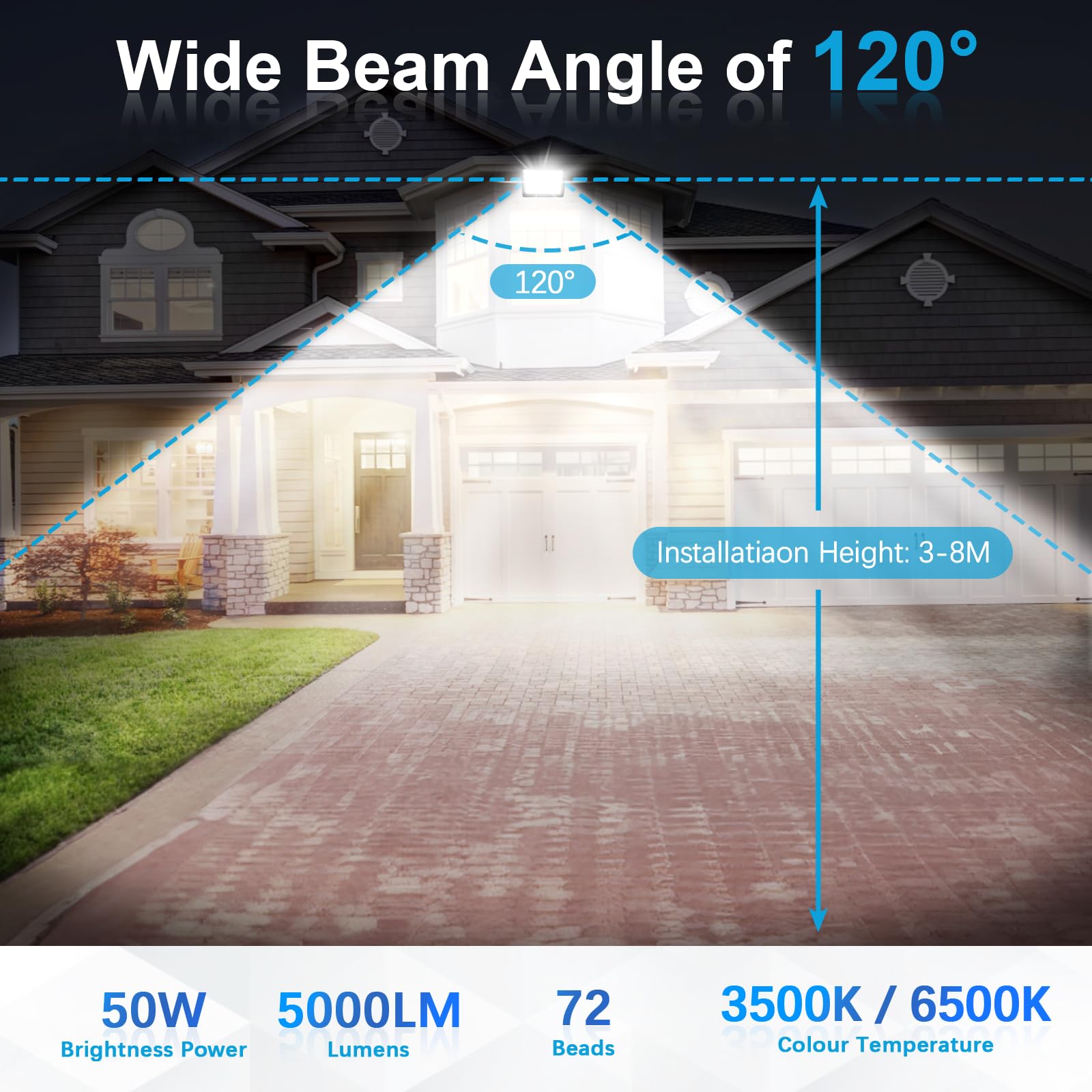 Luce Sicurezza Esterno Faretto LED Esterno 50W 6000K Bianco Freddo - 5000LM, IP66 Impermeabile, Super Luminoso Per Sicurezza Giardino Illuminazione Sicurezza - Foto 3