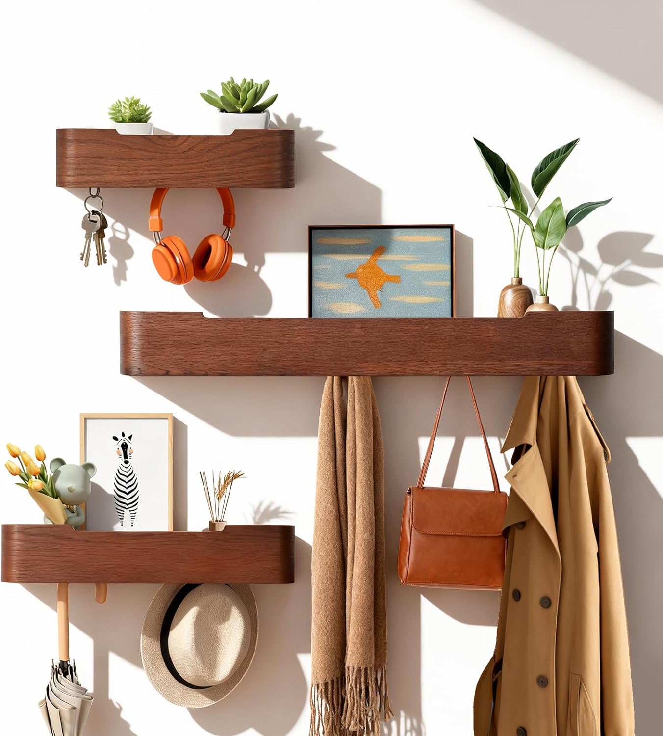 Coat Rack Wall Mount with Shelf Entryway Shelf Modern Key Holder Hanger Wall Shelves with Hidden Hooks for Hanging Towels Coats Hats Bags for Hallway Bathroom Bedroom(Walnut Color, 4 Hooks)