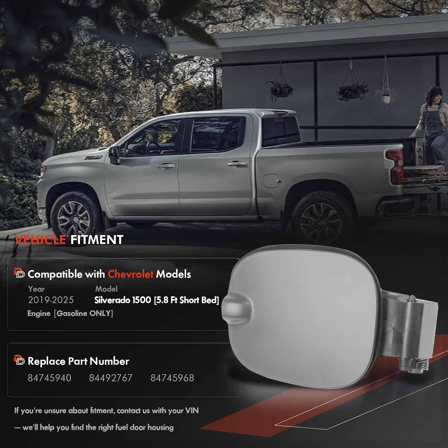 Fuel Tank Filler Pipe Housing with Cap Door Fit for Chevy Silverado 1500 2019-2025 - Only Fit Chevrolet Gas 5'8" Bed - Gas Cap Tank Door Cove Pocket Assembly Replace# 84745940, 84745968 - Primed