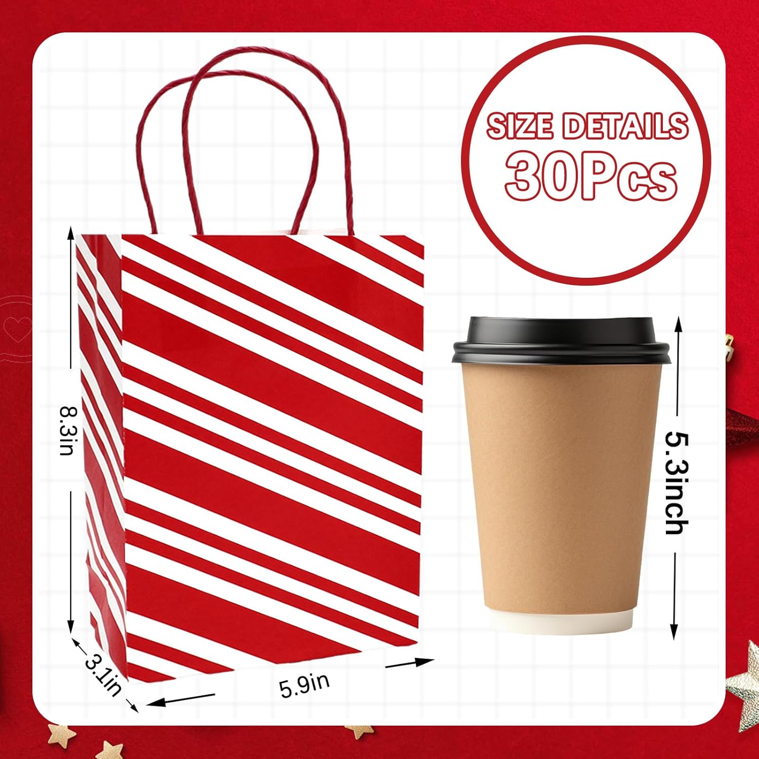 JarThenaAMCS 30Pcs Christmas Paper Bags with 50 Sheets Tissue Paper Red White Stripe Treat Gift Bags with Handles Candy Goodie Bags for Winter Xmas New Year Party Supplies - Image 2