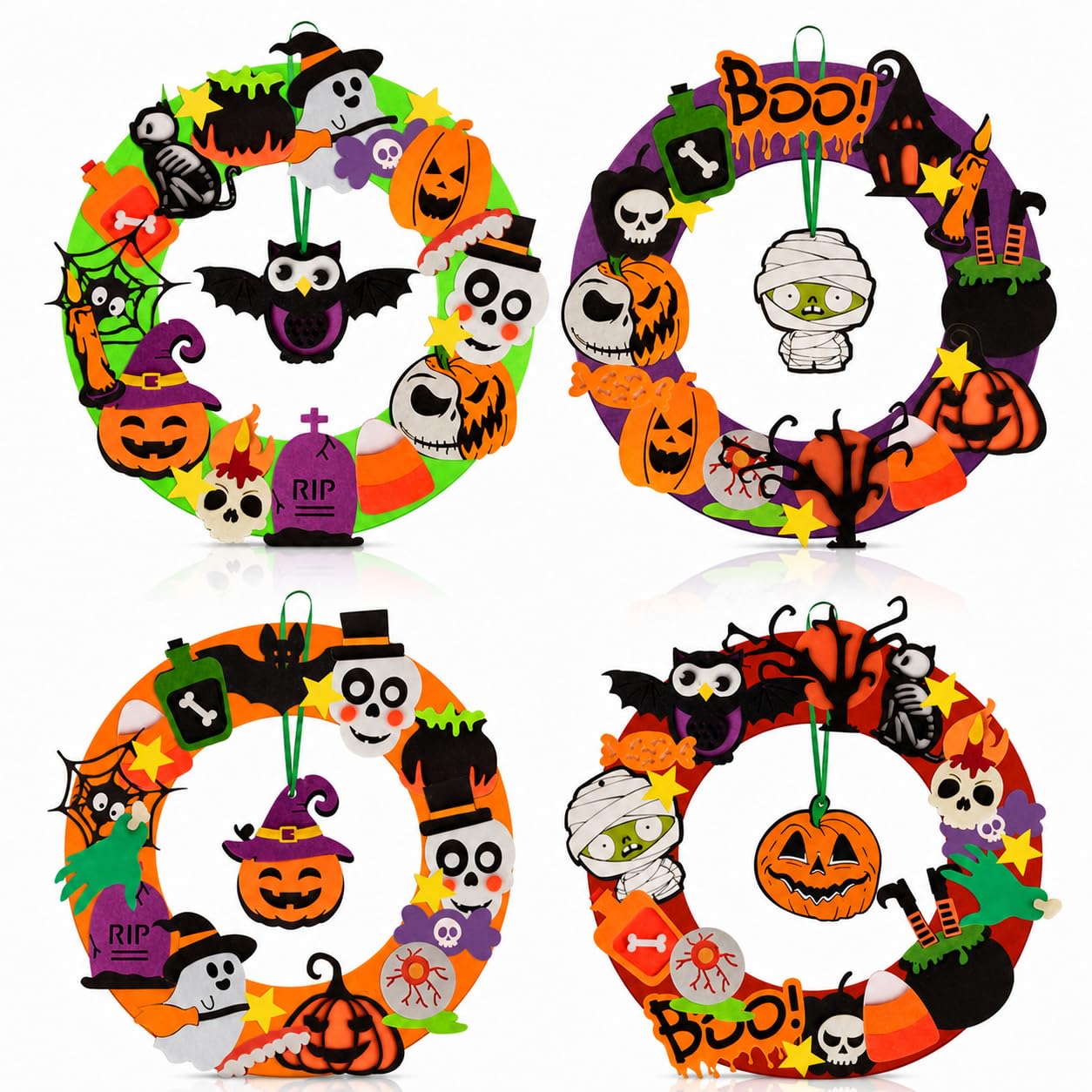 Rayakt 4 Pack DIY Felt Halloween Wreath Craft Kits for Kids