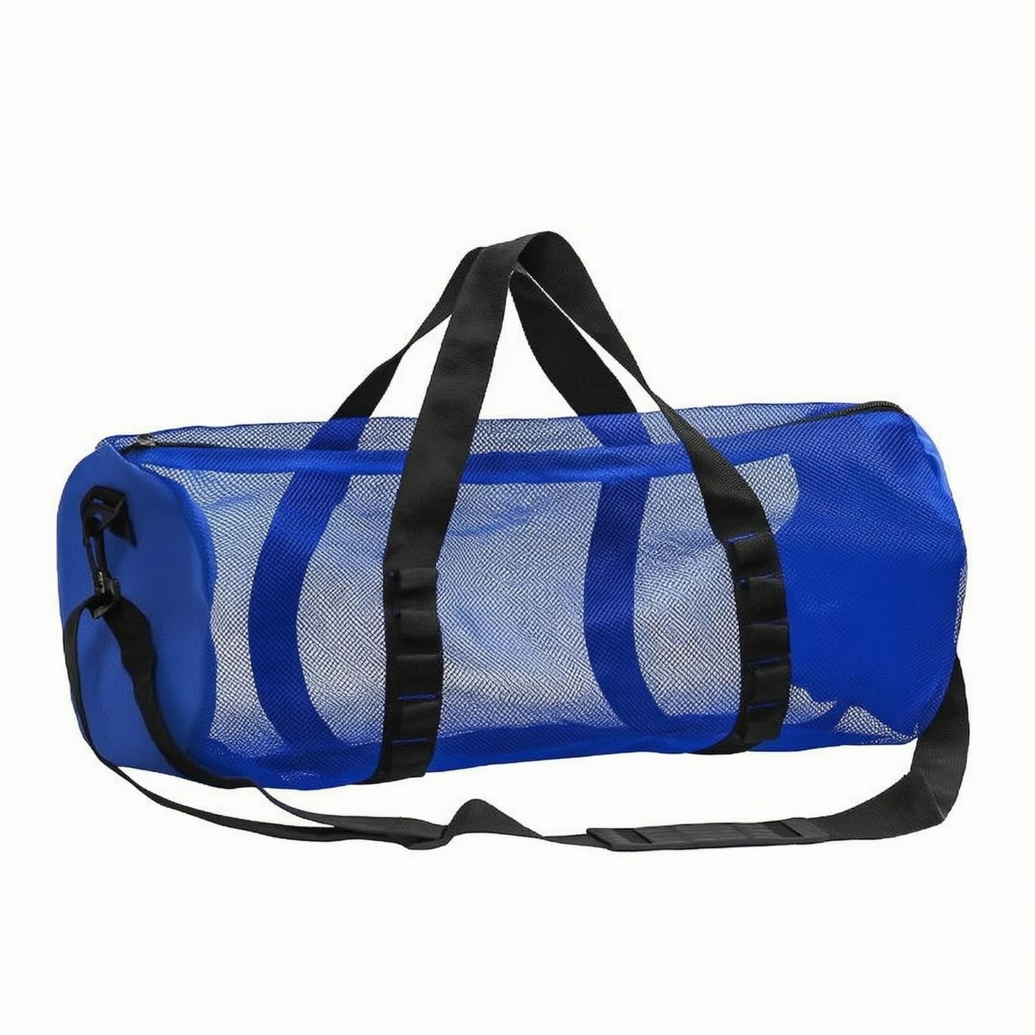 TRENDYNEST Detachable Shoulder Strap Cylindrical Mesh Bag Solid Textile Panels Zippered Sandproof Beach Tote Zipper Top Mesh Beach Bag Portable for Swimming, Travel, Gym, Toiletry, Blue-image-45