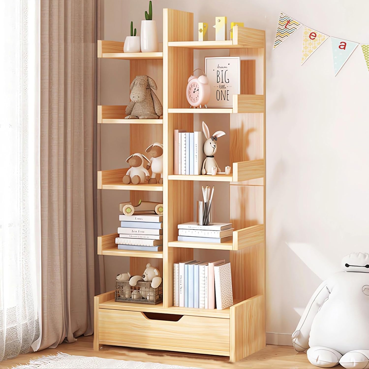 Wemart 10 Tier Tree Bookshelf, 10 Shelf Bookcase with Drawer, Modern Book Storage, Free Standing Tree Bookcase, Utility Organizer Shelves for Home Office