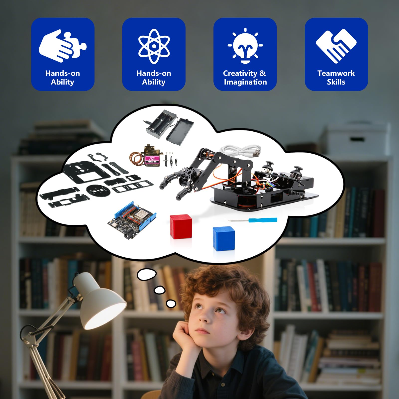 4DOF zestaw ramion robota dla dzieci, kompatybilny z Arduino IDE, programowanie ESP32 Smart Robot Arm Building Kit STEM, zabawka edukacyjna z joystickiem i sterowaniem aplikacją internetową dla dzieci