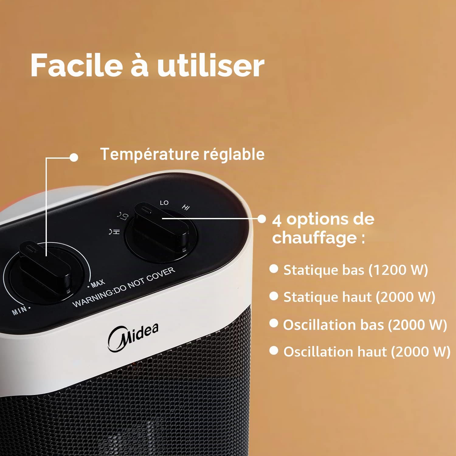 Midea NTH20-19JE Chauffage électrique faible consommation radiateur ventilateur 2000 W technologie céramique silencieuse, 2 niveaux de température, thermostat d'ambiance