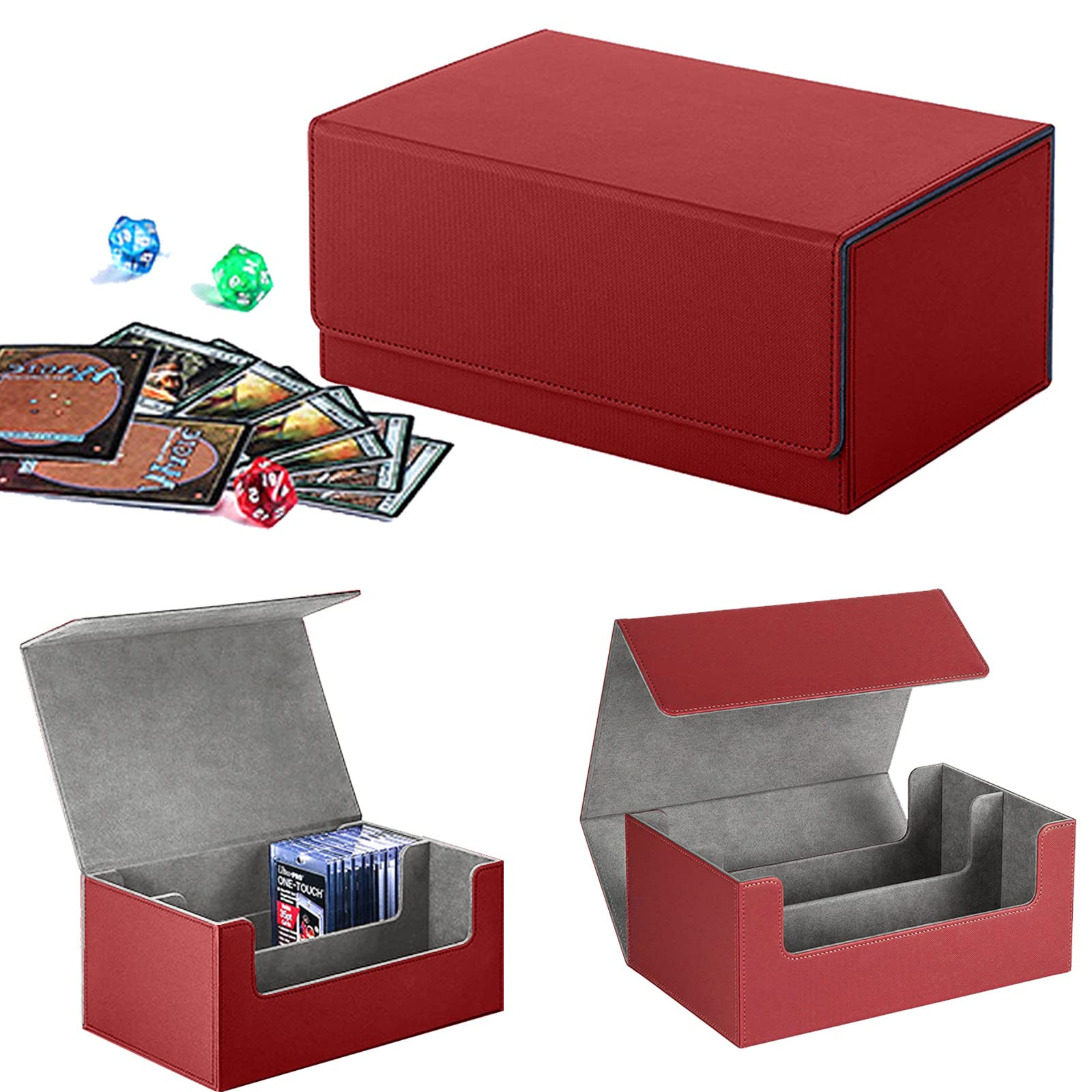 Premium 2-Row Trading Card Storage Box, chiusura magnetica Trading Card Deck Storage Box, 600 + Card Deck Case per Trading Cards, Sport Cards (rosso grigio)
