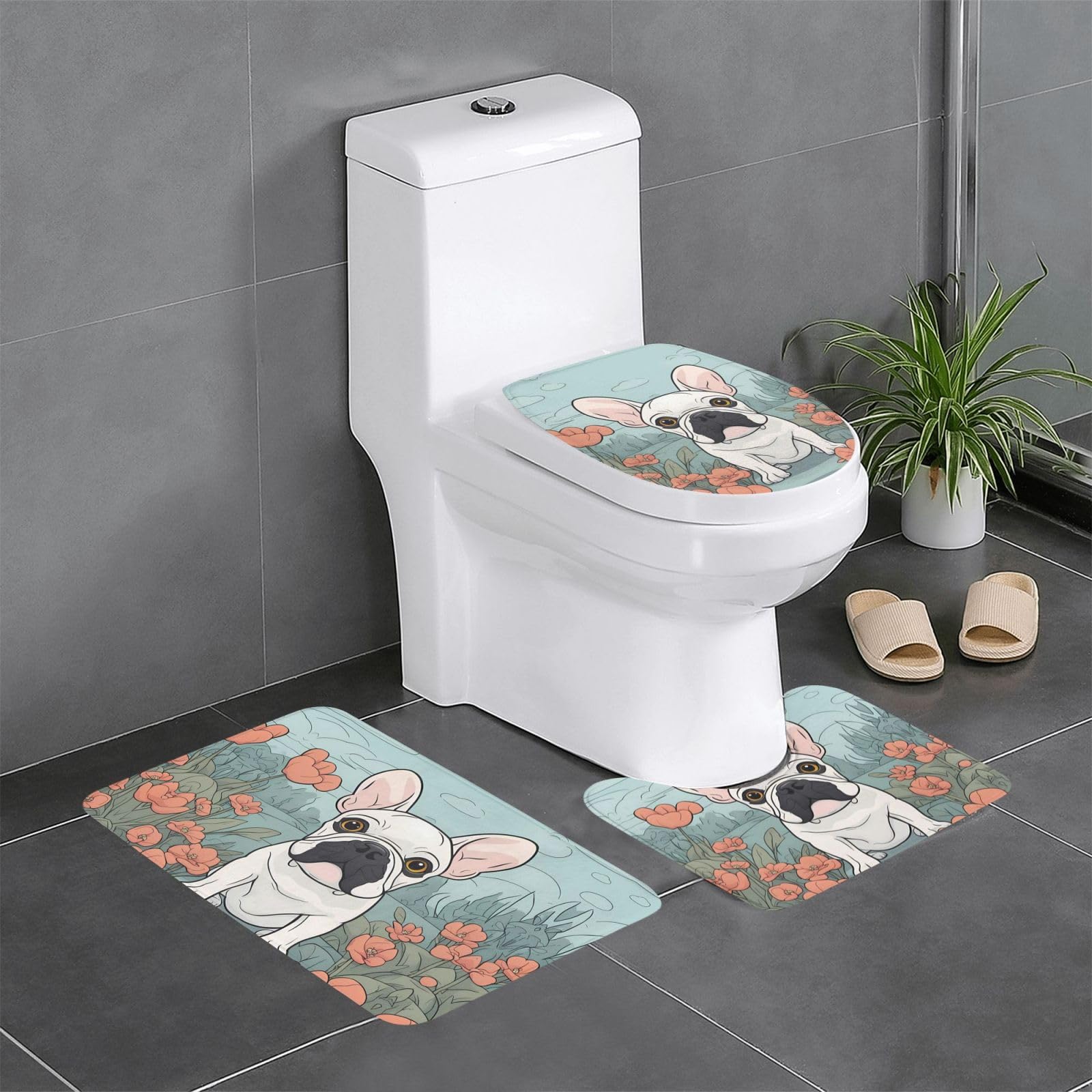 Tapis de salle de bain bouledogue français antidérapants lot de 3 pour toilettes