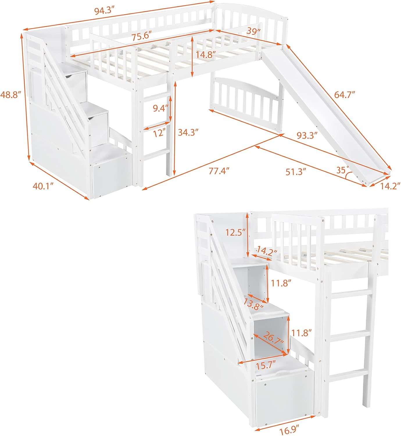 Harper & Bright Designs Twin Size Loft Beds with Slide and Stair, Solid Wood Low Loft Bed with Storage Drawers and Guardrails for Kids Teens Bedroom, Guest Room Furniture (Twin, White)