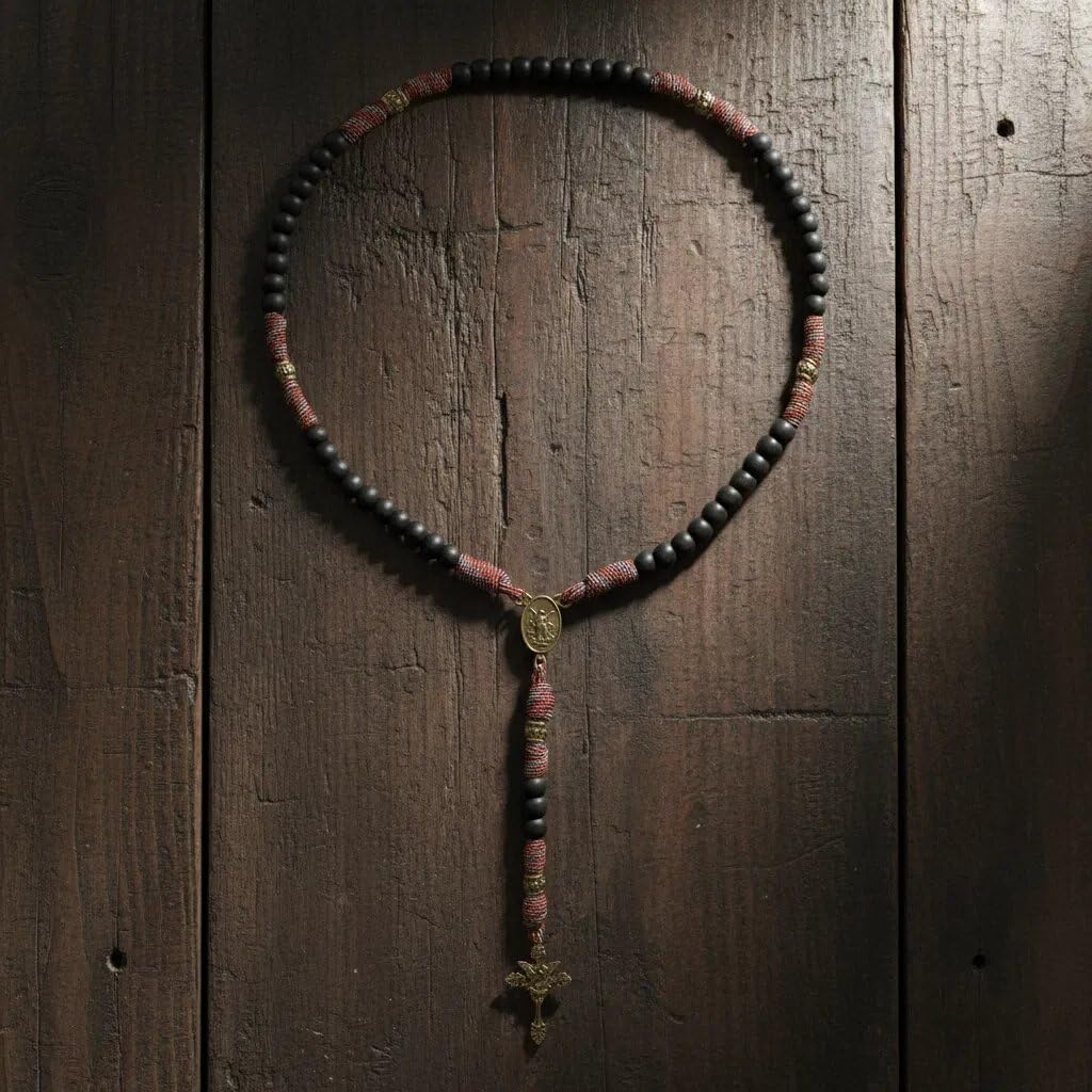 Nazareth Store St. Benedikt Paracord-Rosenkranz 8 mm schwarze matte Perlen Antikbronze starke robuste Kordel-Rosenkranzkette mit Jesuskreuz (Rote Paracord-Bronze St.Michael)