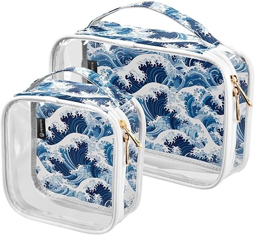 Blue Sea Waves Clear Toiletry Bag for Traveling,2 Pack Makeup Cosmetic Bag with Zipper,Travel Bag for Toiletries,Travel Essentials 21215227