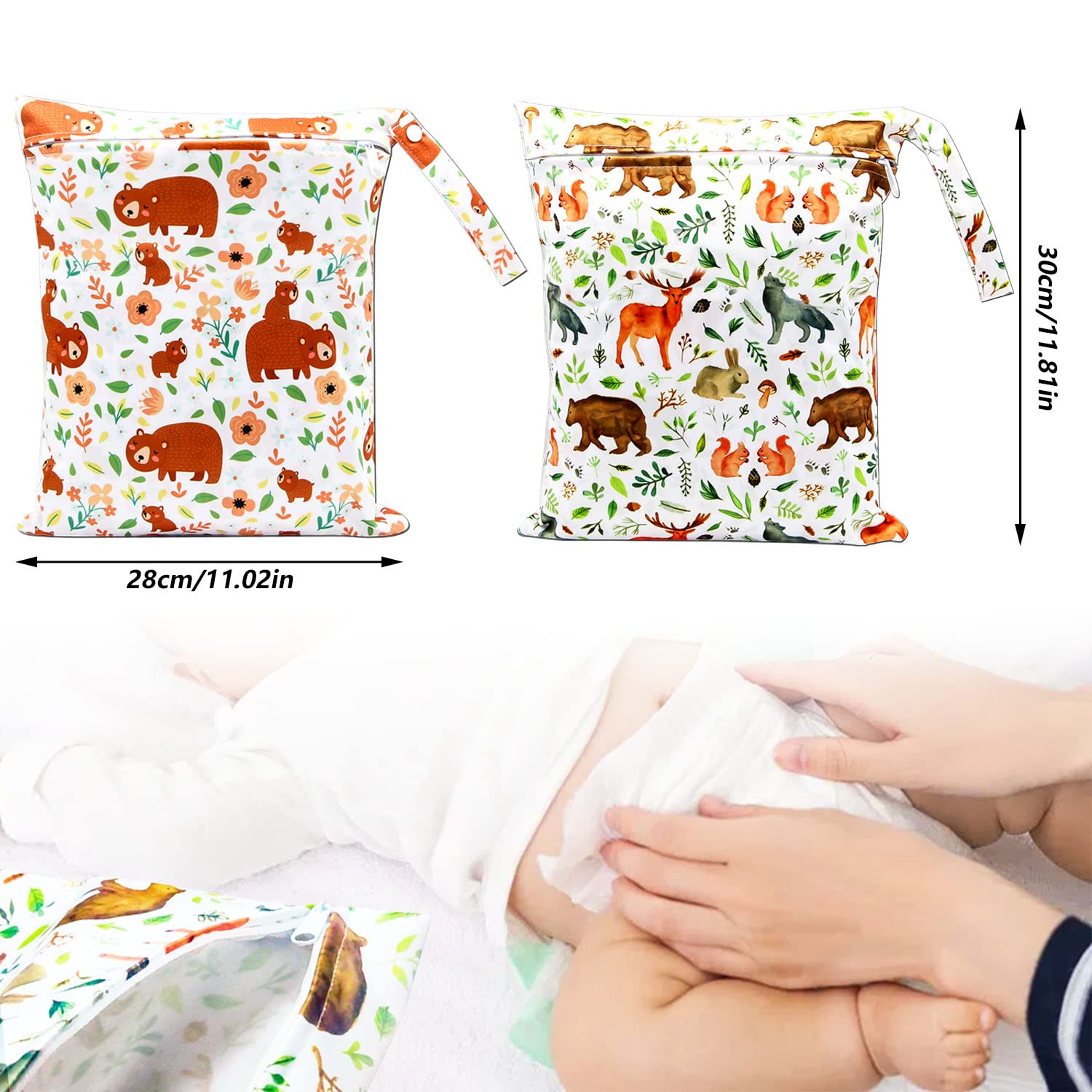 2 Pcs Sacs à Couches Lavables, Étanches avec Bonne Résistance à l'Eau pour Bébé, Piscine, Garderie, Plage (Faune)