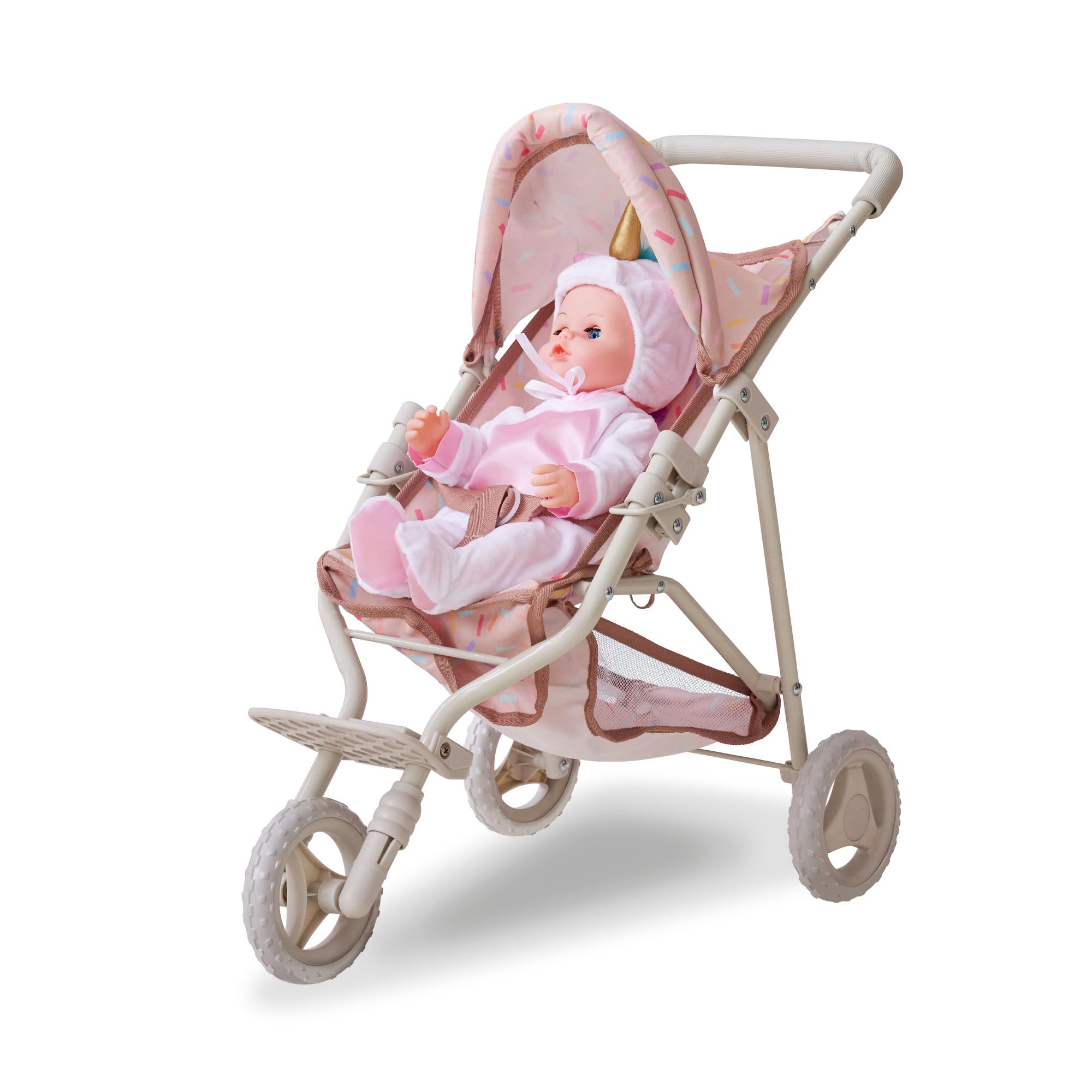 Teamson Kids Jogging Doll Stroller in Beige with Confetti Pattern, Adjustable Canopy, Soft Grip, Harness & Storage Basket for Nurturing Role Play