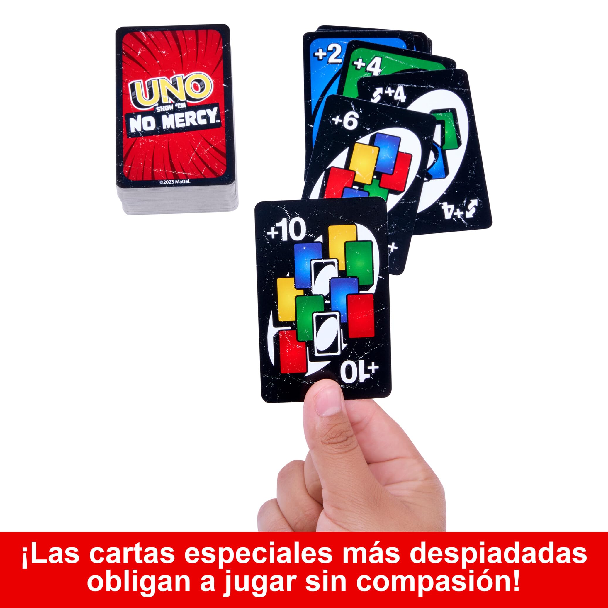 Mattel Games Juego de cartas UNO No Mercy Juego de mesa familiar con cartas nuevas, reglas especiales y penalizaciones más despiadadas, +7 años (HWV18)
