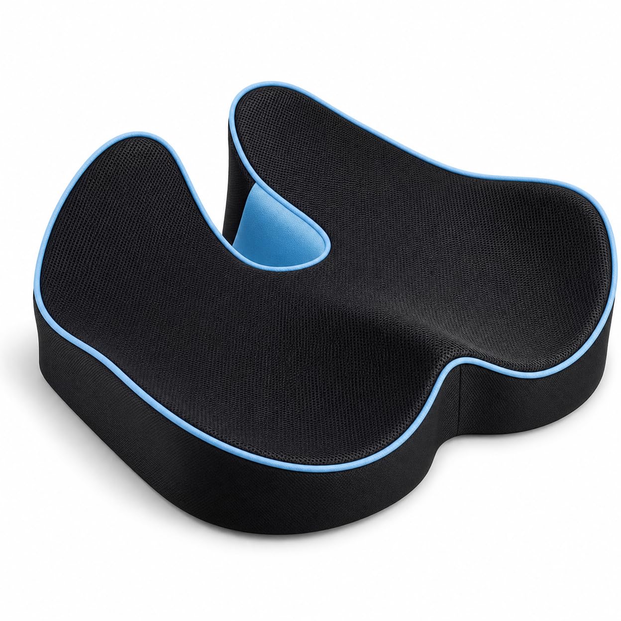 Generico Cuscino Sedile in Memory Foam Ortopedico, Ergonomico, Sollievo Pressione, 46x40x11 cm, Nero e Blu