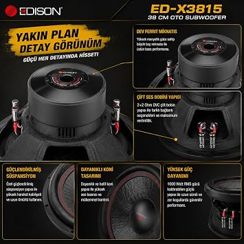 Edison ED-X3815 38 cm (15 İnç) Oto Subwoofer 1000 Watt RMS 3000 Watt Maksimum Güç 2+2 Ohm Çift Bobin SPL Bass Hoparlör
