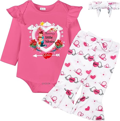 Xuomuen Conjunto de ropa para bebé recién nacida con diseño de mamá y San Valentín para el primer día de San Valentín + pantalones + diadema