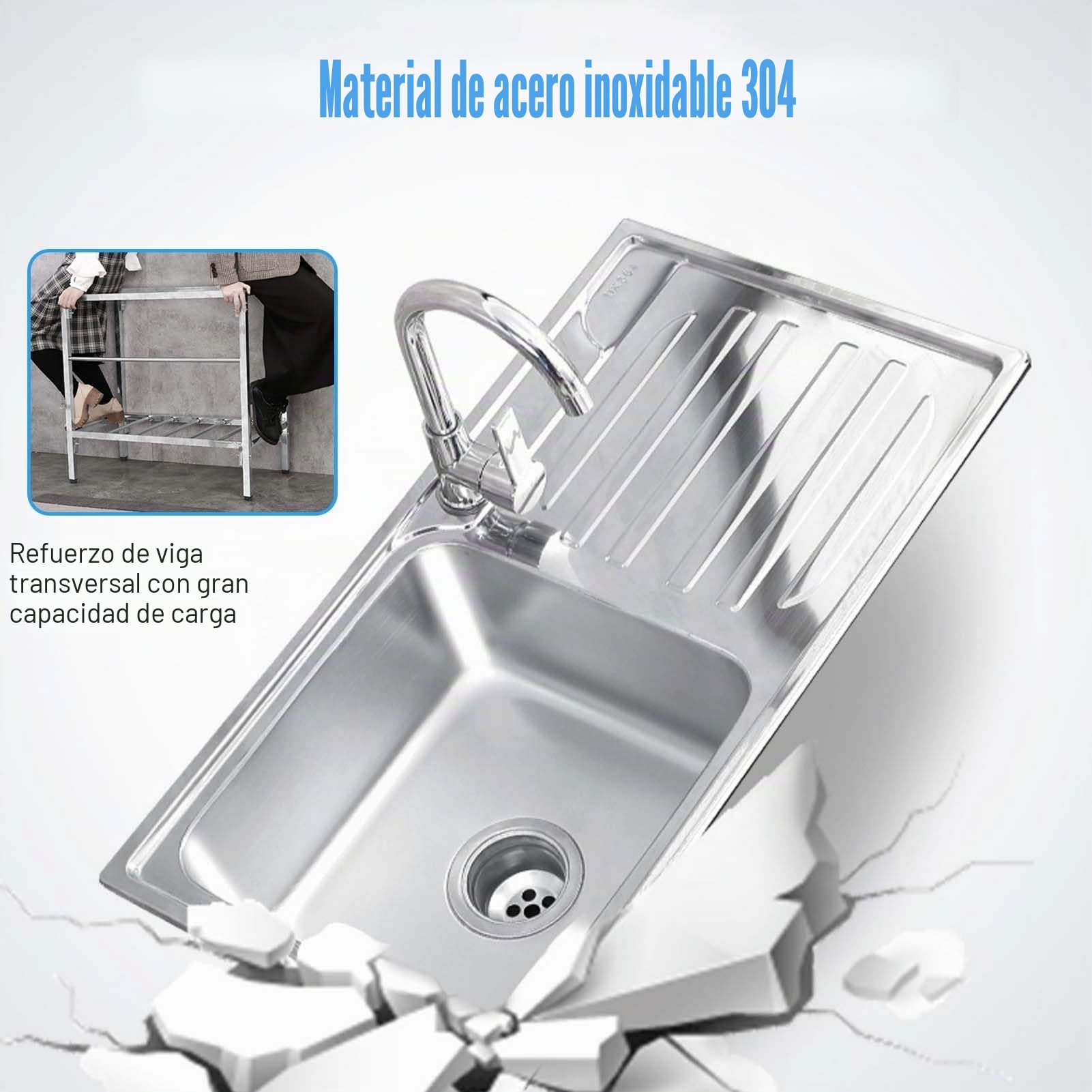 Fregadero De Cocina con Patas Exterior Jardin Mueble Fregadero De Acero Inoxidable Portatil Lavamanos Industriales con Grifo Estante Y Escurridor Pila De Lavar para Jardin Camping Garaje Comercial