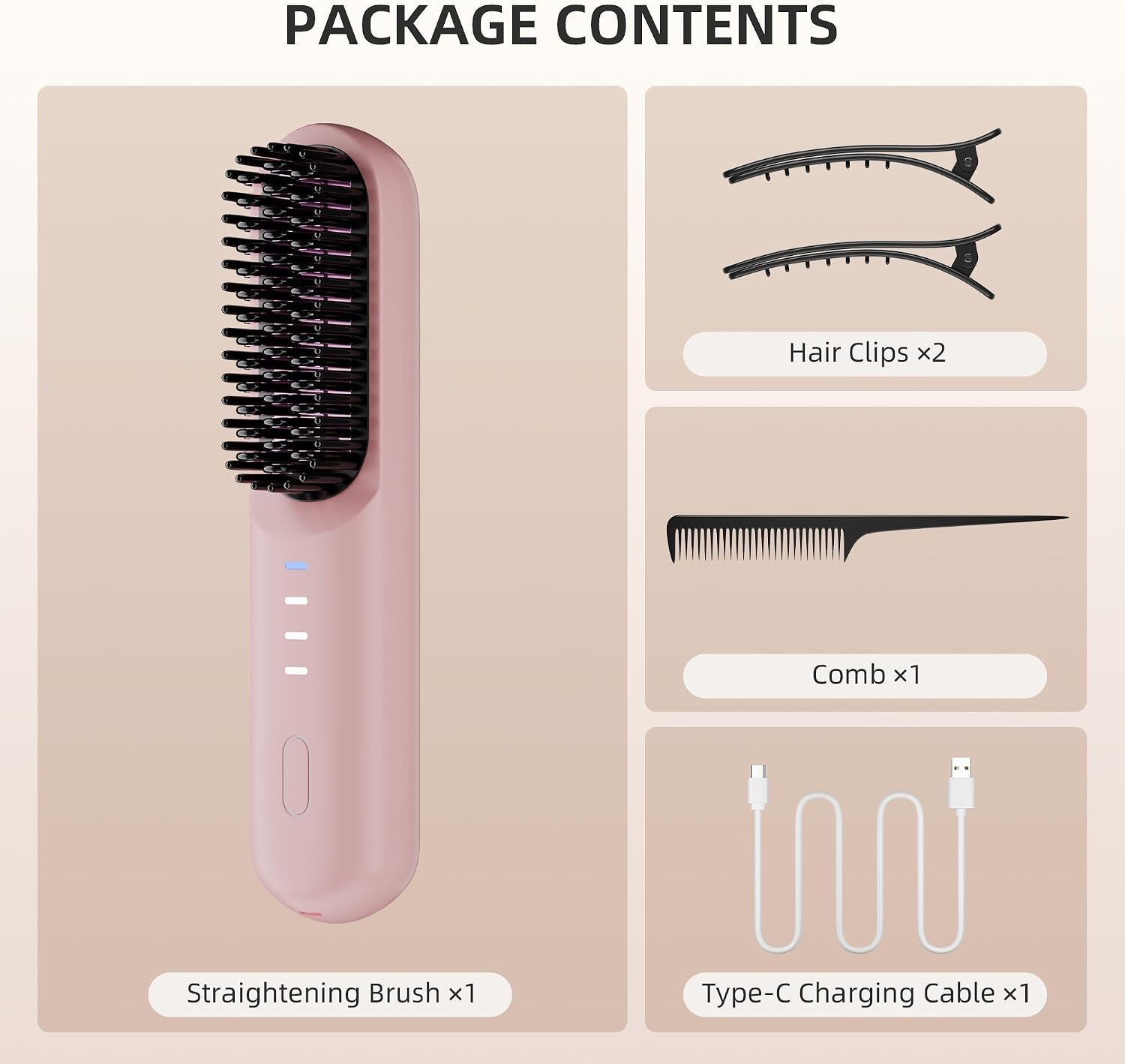 Cordless Hair Straightener Brush, Mini Hot Comb for Women, USB Rechargeable Travel Brush with Negative Ion Technology, Fast Heating, 4 Temperature Settings, 30-Minute Auto Shut-Off
