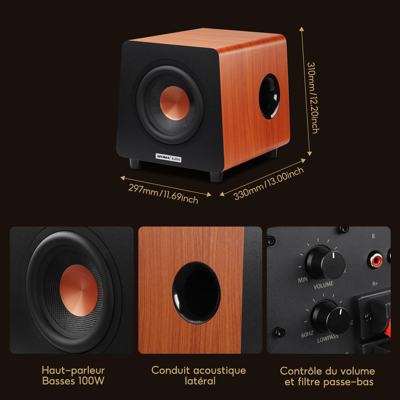 AIYIMA 800X Caisson de Basses Actif 8", 100W RMS, 30–300 Hz, Réglage Volume/Filtre Passe-Bas/Phase, Entrées RCA/AUX/LFE, Caisson MDF Anti-Résonance pour Home Cinéma & HiFi