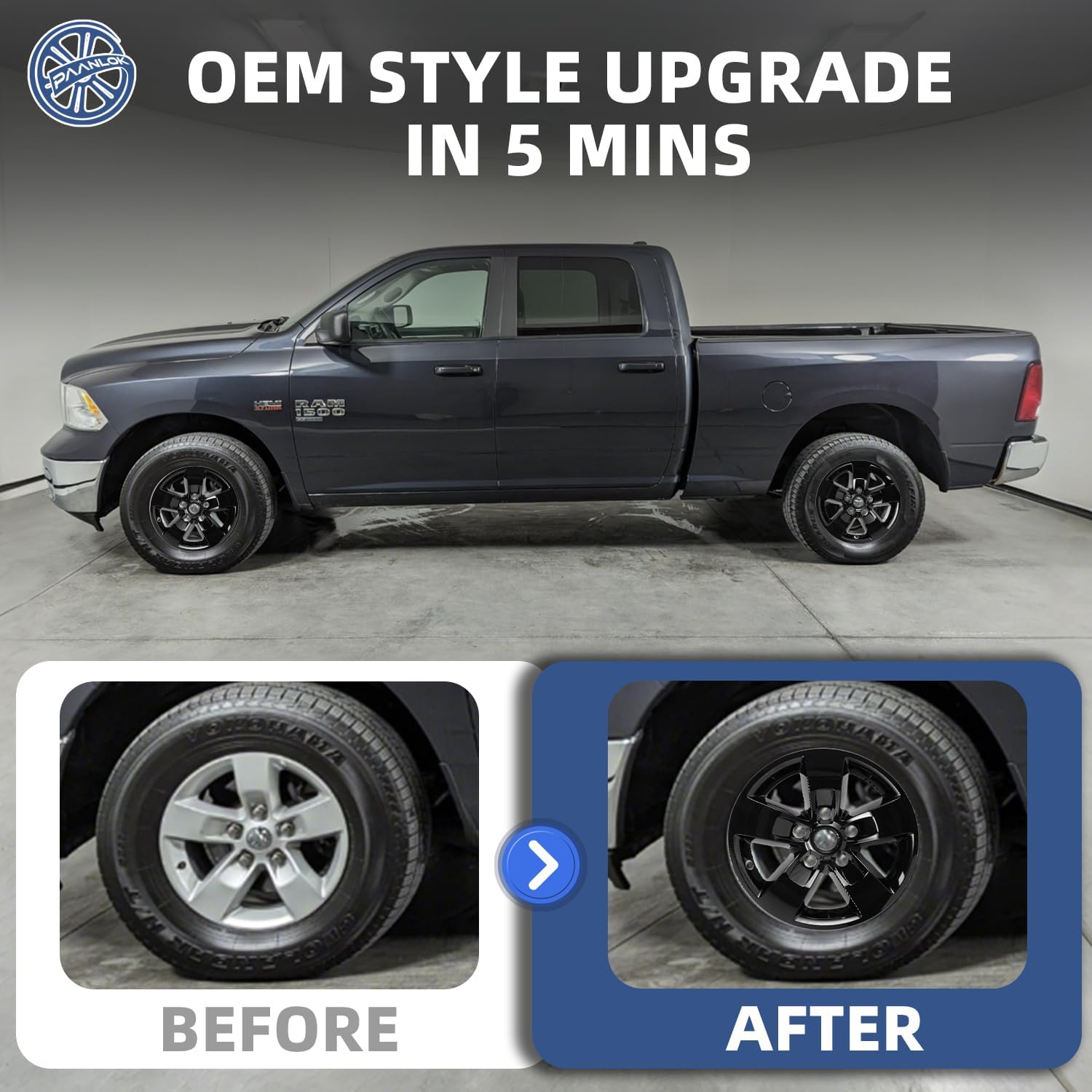 17 Inch Wheel Skins for 2013-2018 Dodge Ram 1500 & 2019-2024 Ram 1500 Classic, Fits OEM Alloy Wheel #1UB12GSAAB, Gloss Black Snap-On Wheel Covers 4-Pack