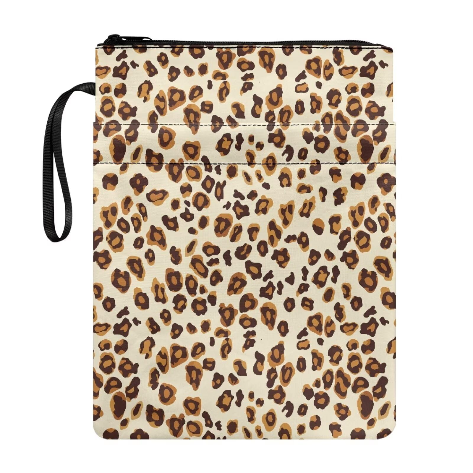 Wanyint Book Cover Book Protector with Zipper Portable Book Sleeve Pouch with Front Pocket 11.4 x 8.7 Inch for Women, Girls, Daughter, Leopard Print Beige