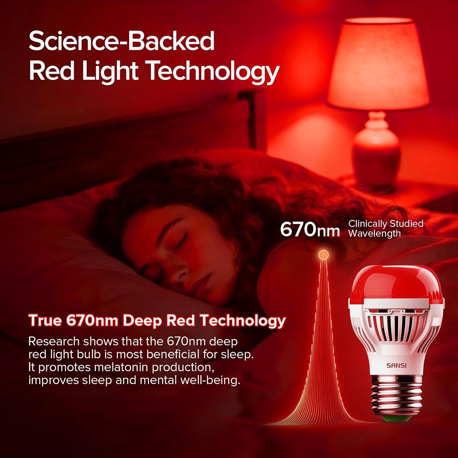 SANSI 670nm Red Light Bulb for Sleep Therapy, Zero Blue Light for Melatonin Promoting Natural Sleep Aid, 6W A15 E26 LED Red Night Light for Bedroom, Baby Nursery