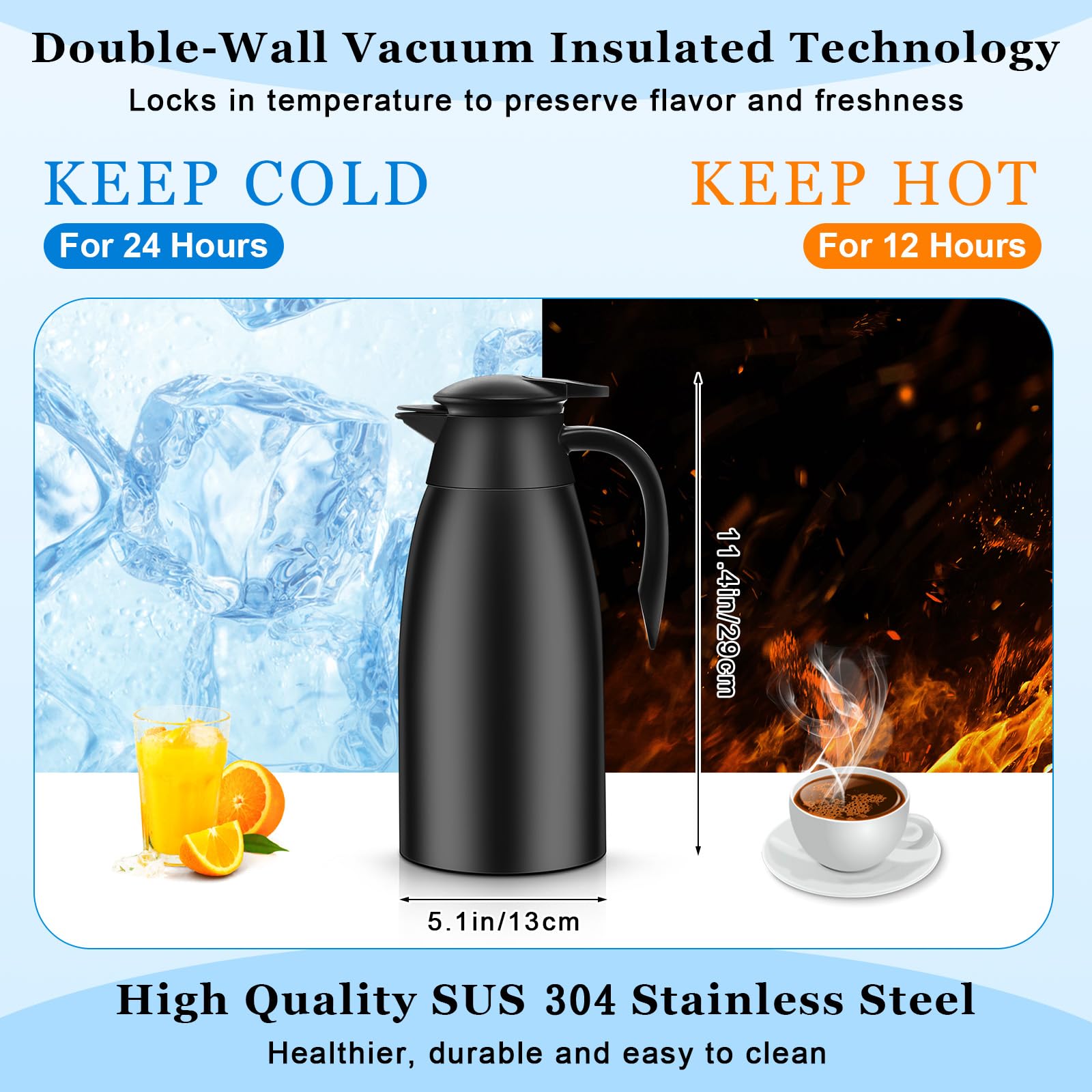 Uiifan 2 jarras térmicas de café de 68 onzas con aislamiento de acero inoxidable, jarra de café térmica de doble pared, jarra de café con cepillos para mantener el té del café durante 12 horas (negro,