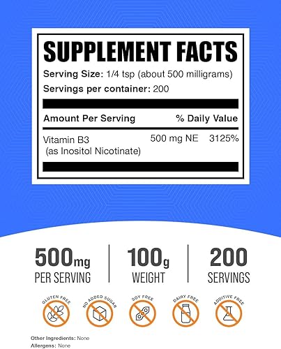 Miniatura 9 de BULKSUPPLEMENTS.COM Polvo de niacina sin enjuague - Suplemento de vitamina B3, nicotinato de inositol, niacina 500 mg sin enjuague - 500 mg de